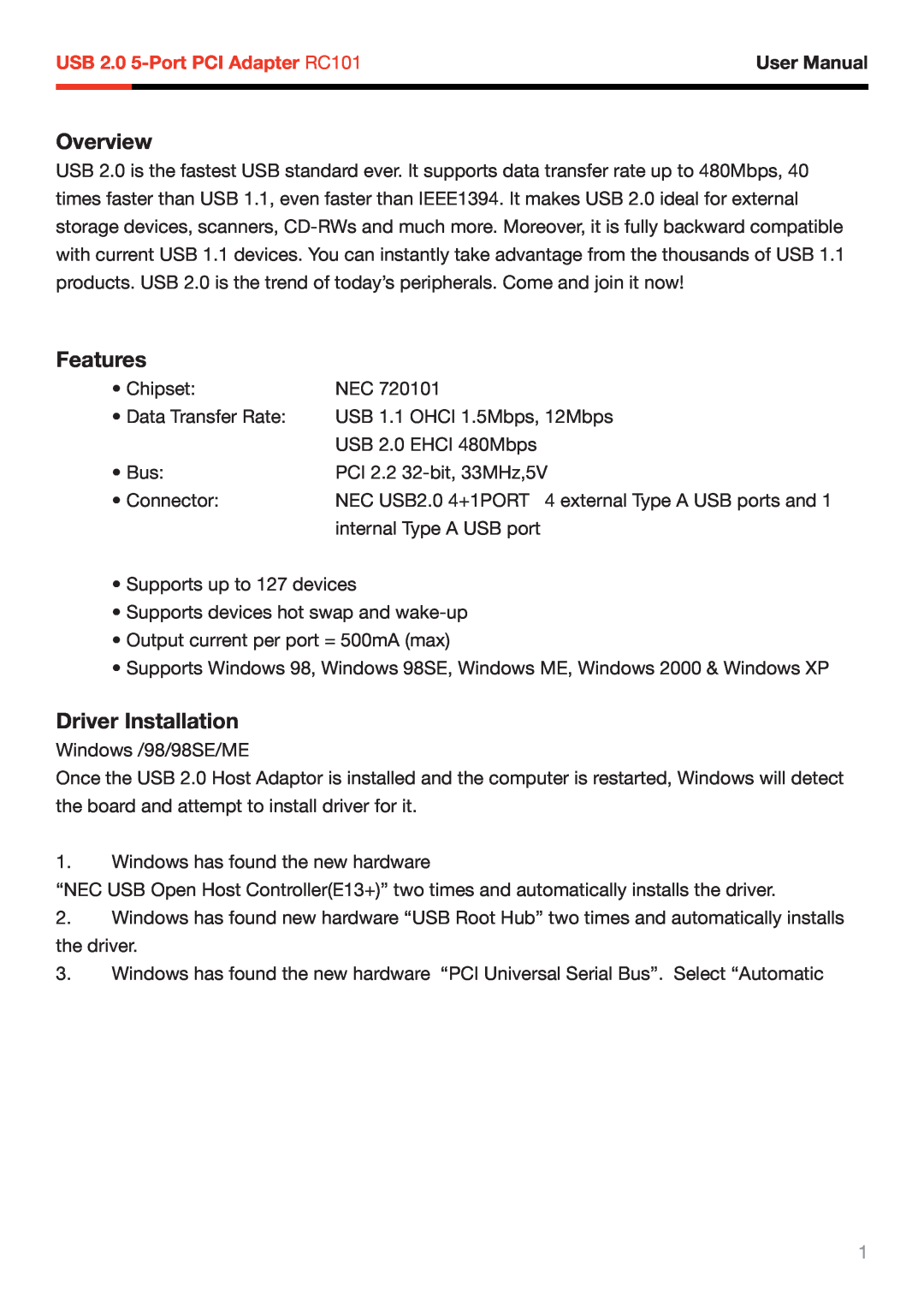 Rosewill RC-101 user manual Overview, Features, Driver Installation, USB 2.0 5-Port PCI Adapter RC101, User Manual 