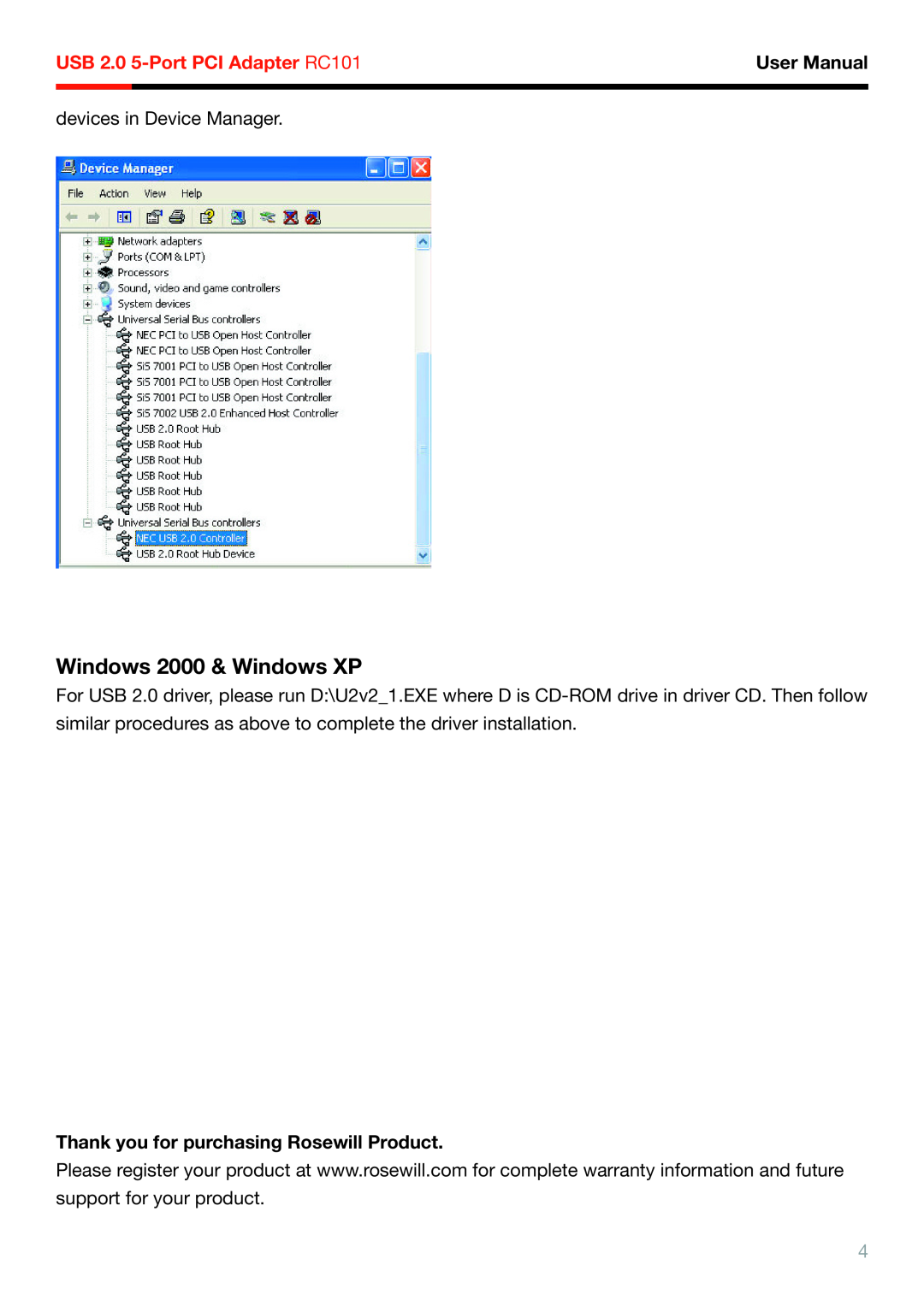 Rosewill RC-101 user manual Windows 2000 & Windows XP, USB 2.0 5-Port PCI Adapter RC101, User Manual 