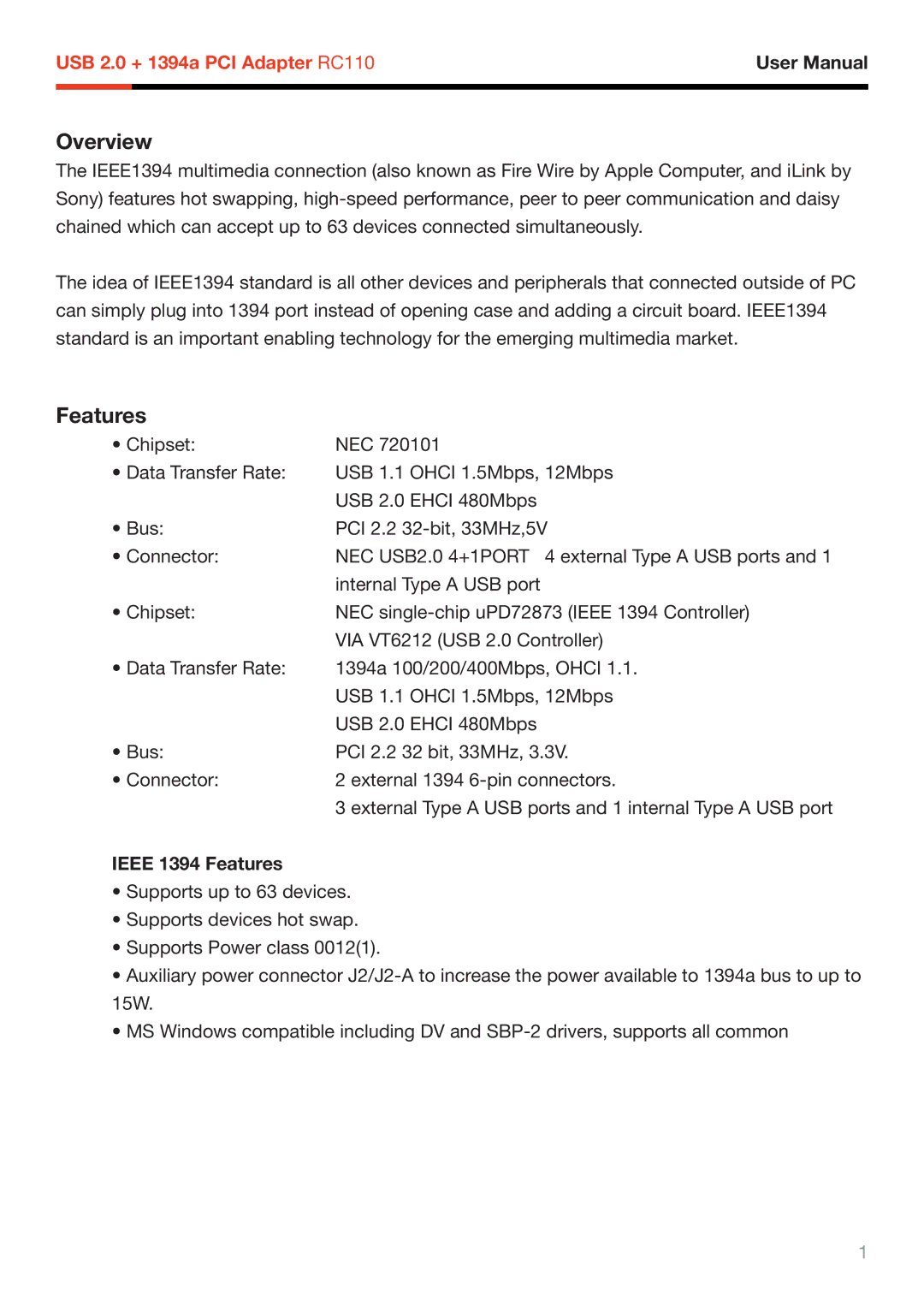 Rosewill RC-110 user manual Overview, Ieee 1394 Features 