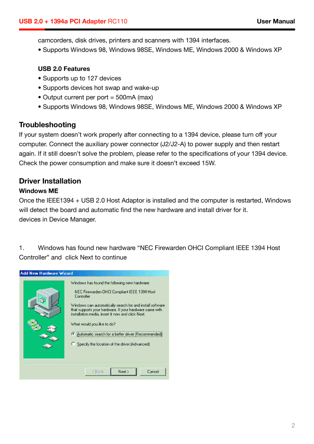 Rosewill RC-110 user manual Troubleshooting, Driver Installation, USB 2.0 Features, Windows ME 