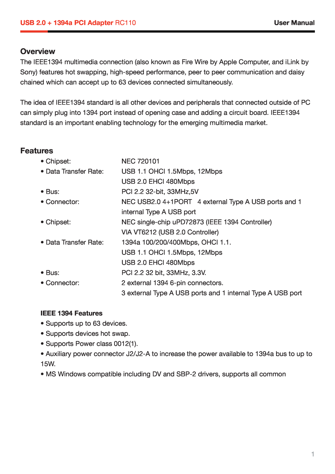 Rosewill RC-110 user manual Overview, USB 2.0 + 1394a PCI Adapter RC110, User Manual, IEEE 1394 Features 