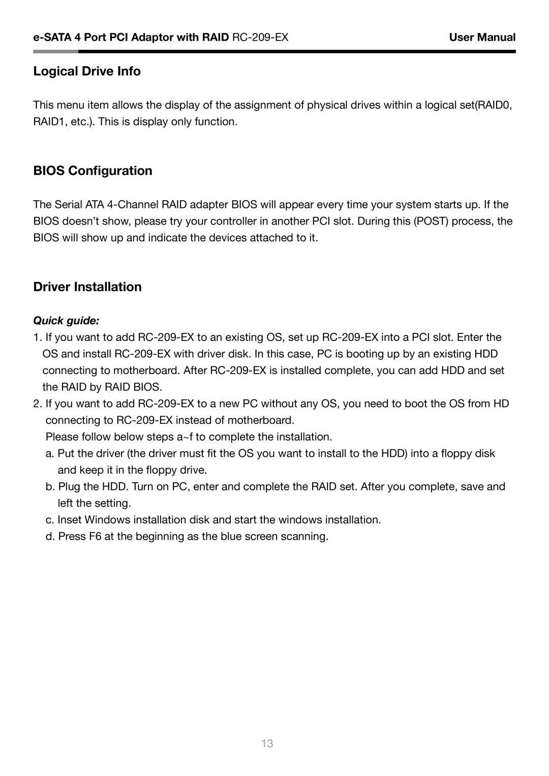 Rosewill RC-209-EX user manual Logical Drive Info, Bios Configuration, Driver Installation, Quick guide 