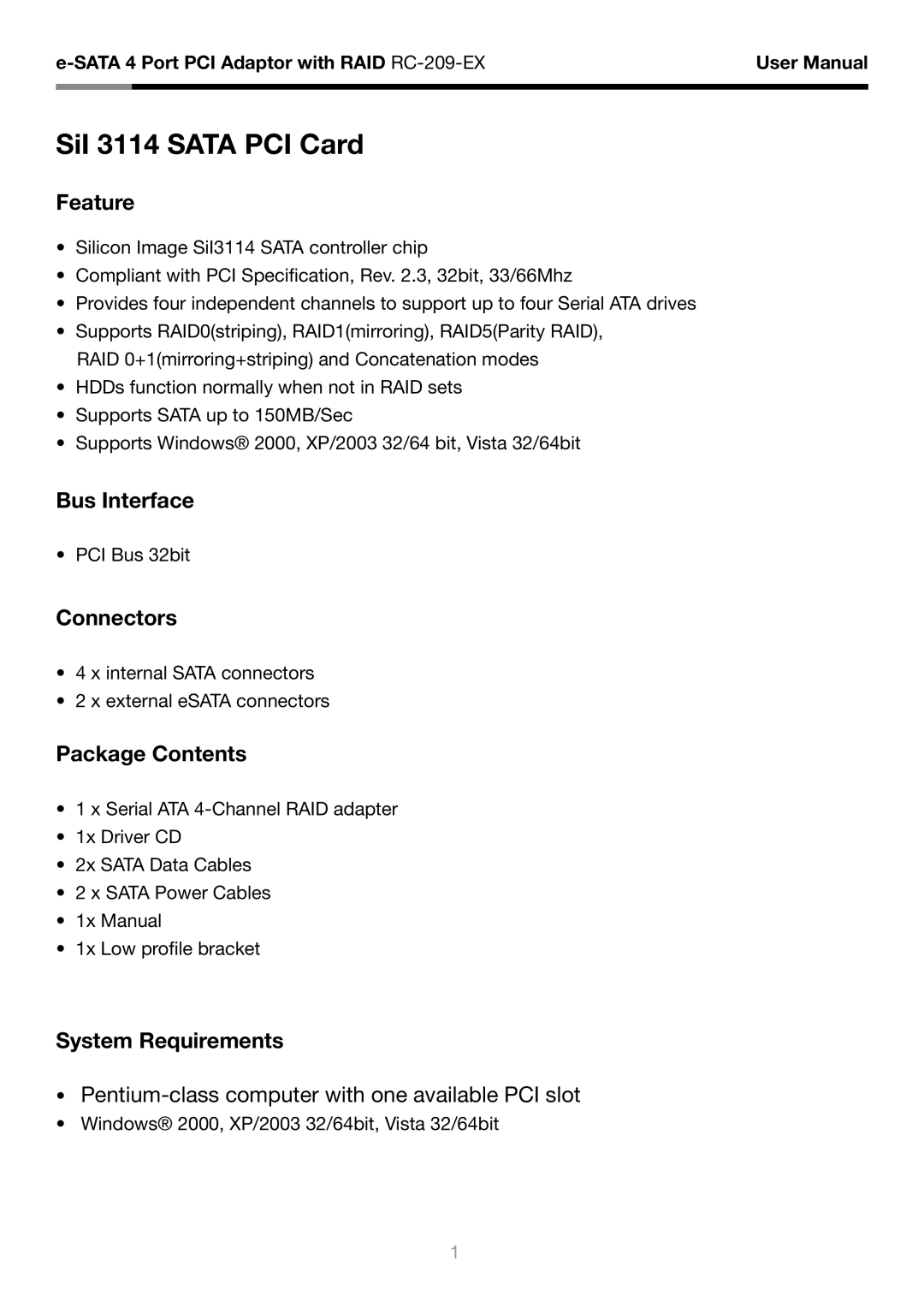 Rosewill RC-209-EX user manual Feature, Bus Interface, Connectors, Package Contents, System Requirements 