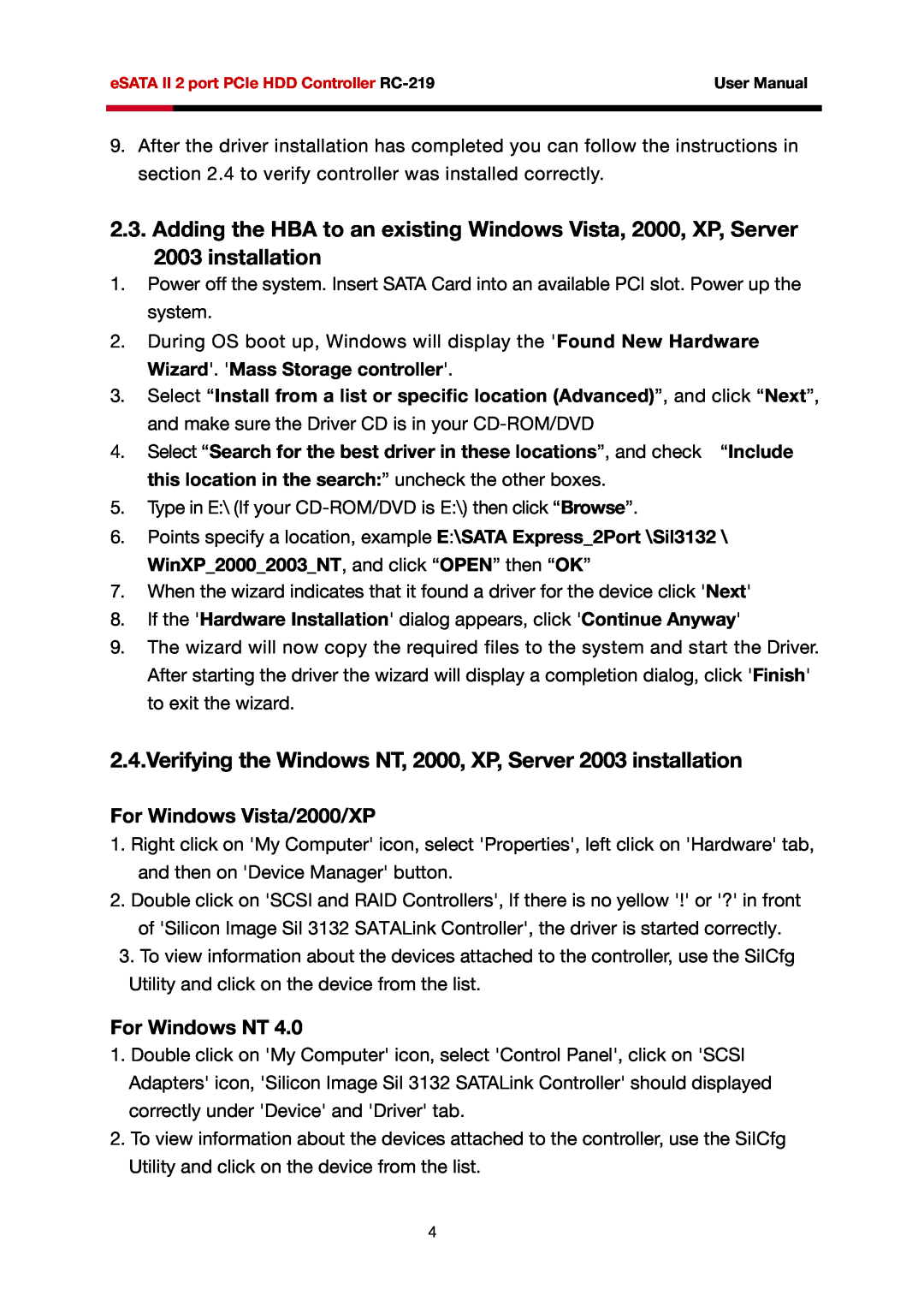 Rosewill RC-219 Verifying the Windows NT, 2000, XP, Server 2003 installation, For Windows Vista/2000/XP, For Windows NT 