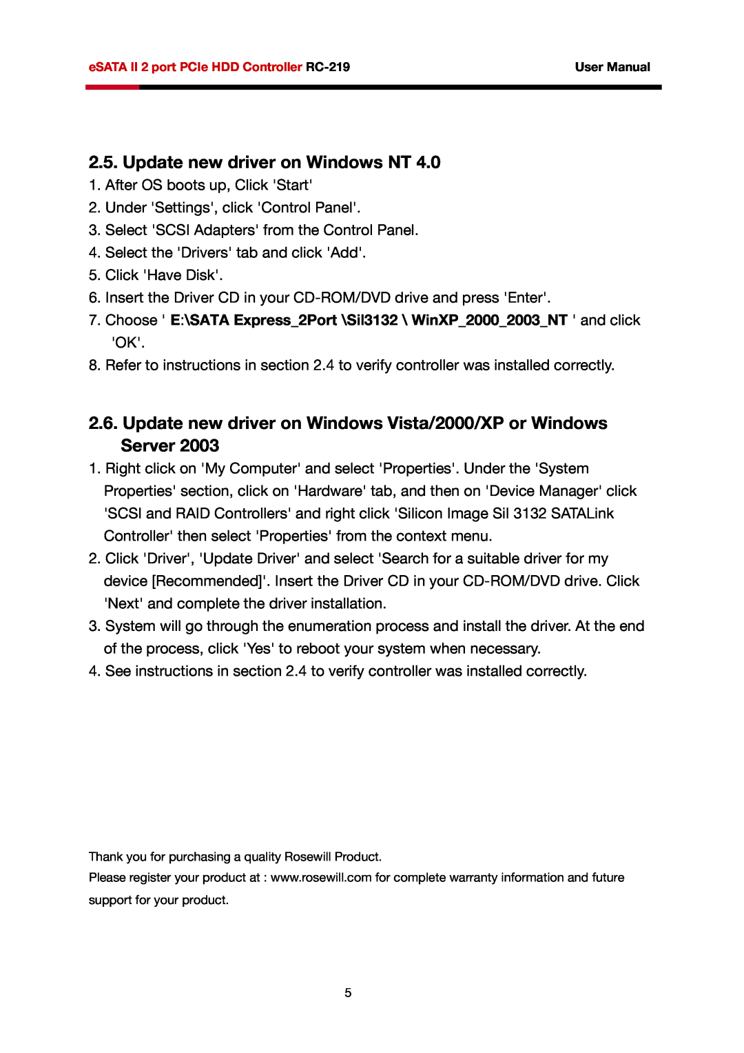 Rosewill RC-219 user manual Update new driver on Windows NT, Update new driver on Windows Vista/2000/XP or Windows Server 