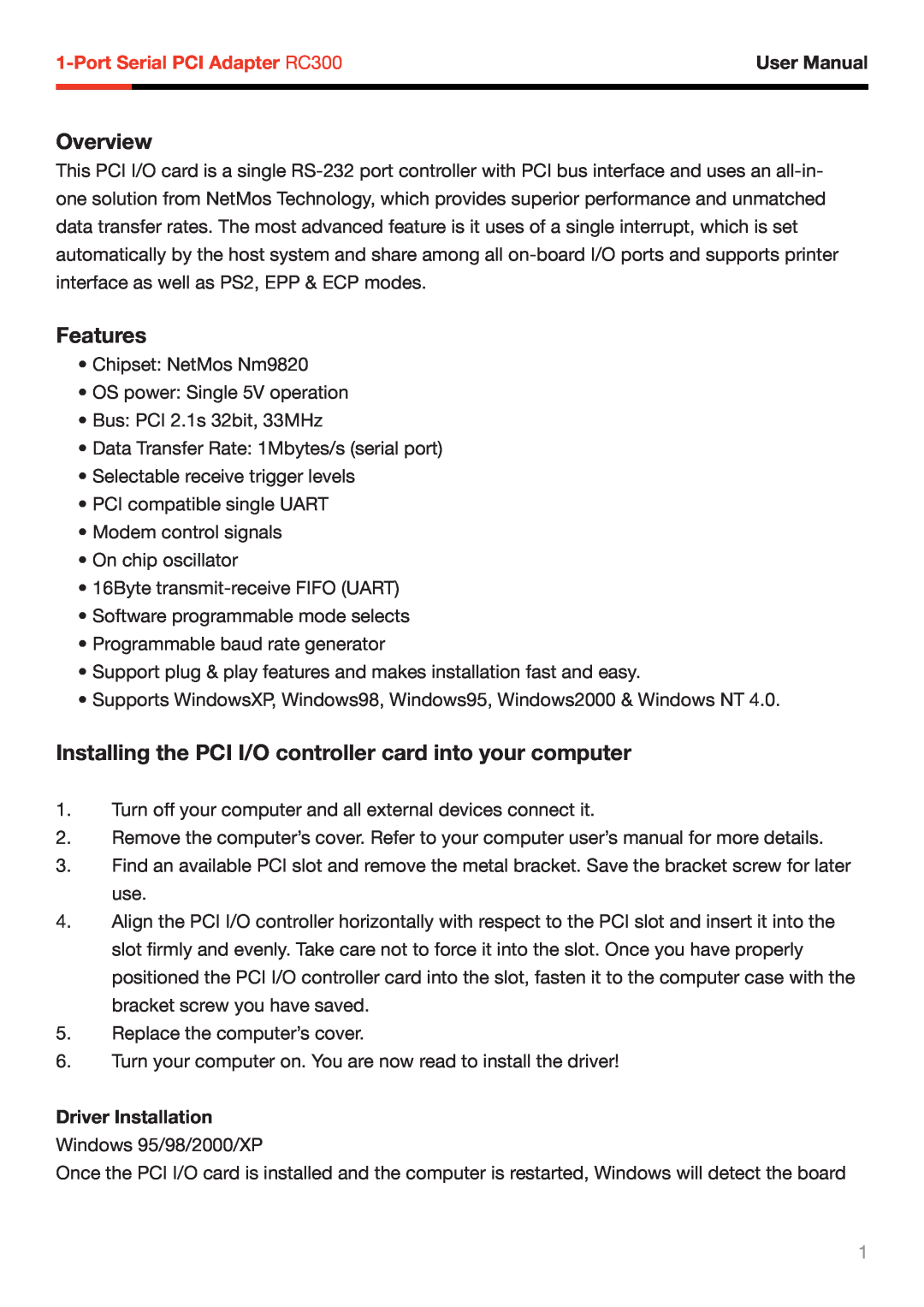 Rosewill RC-300 user manual Overview, Features, Installing the PCI I/O controller card into your computer, User Manual 
