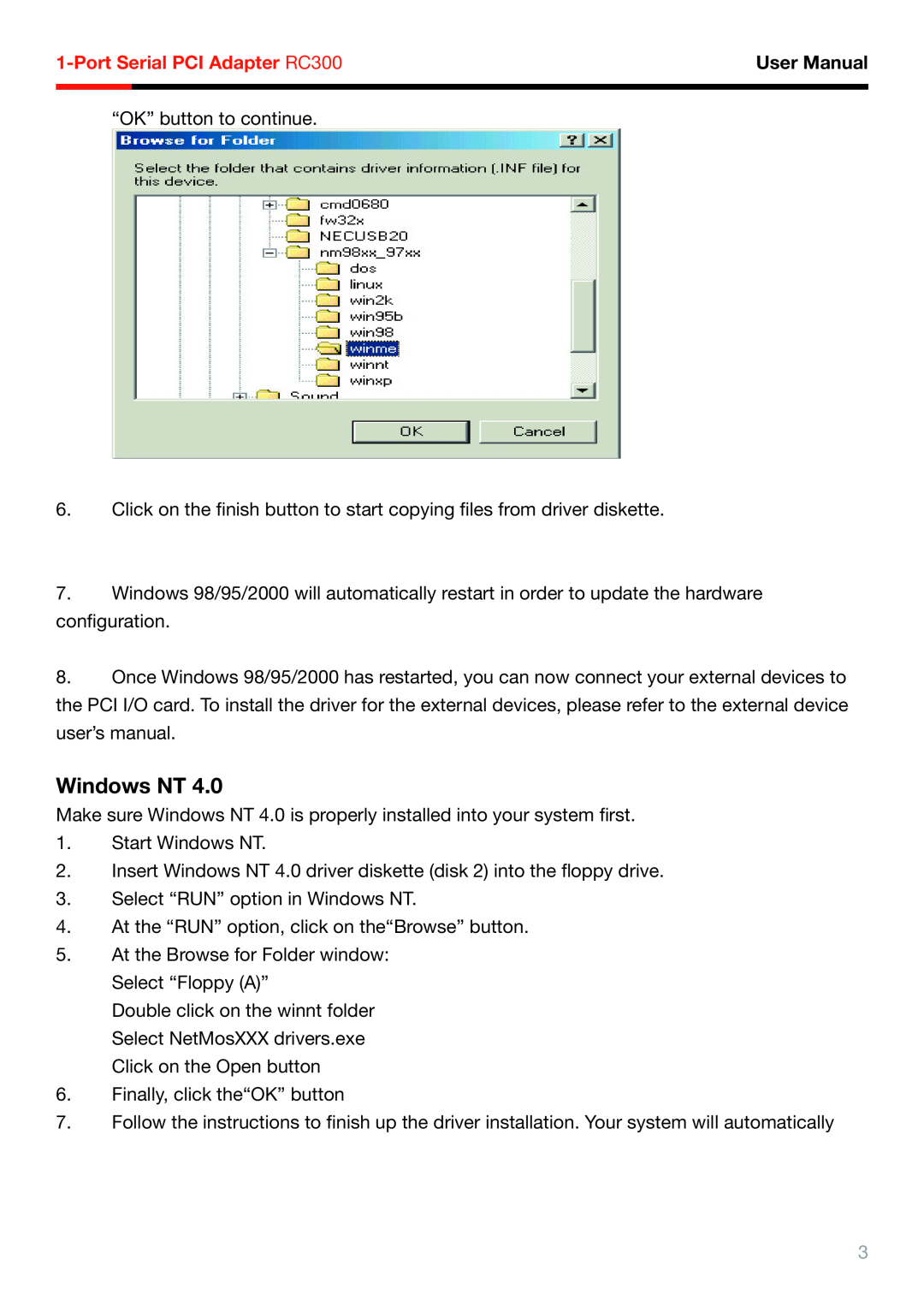 Rosewill RC-300 user manual Windows NT, Port Serial PCI Adapter RC300, User Manual 