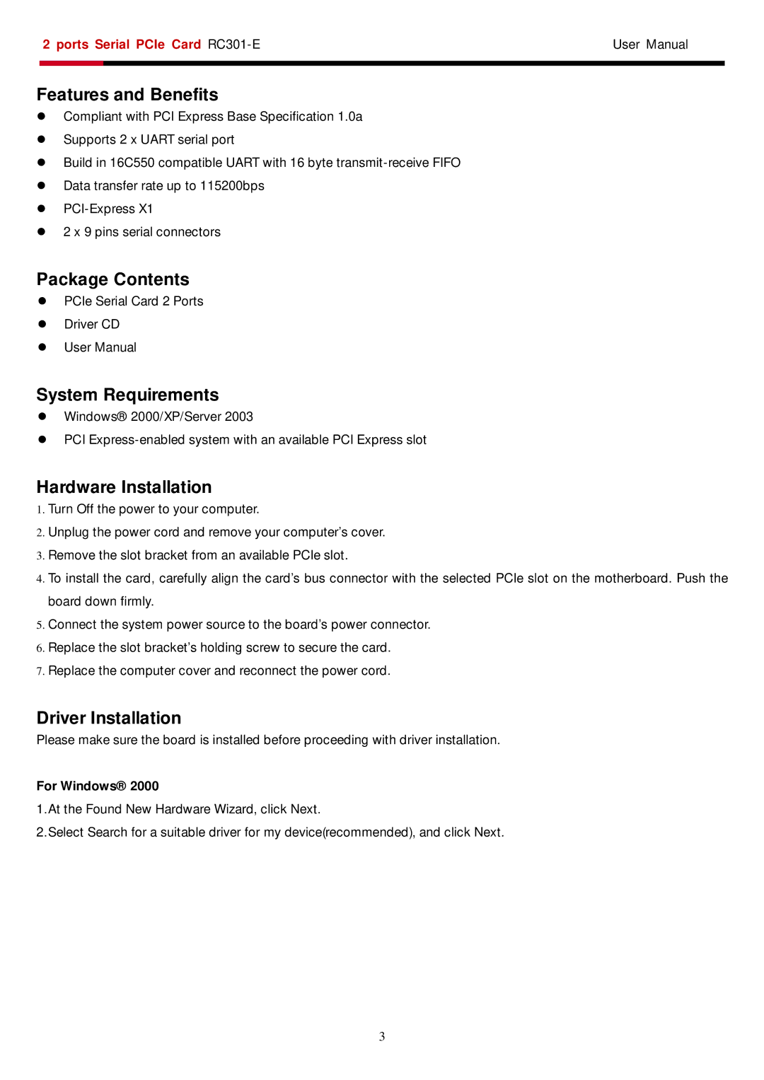 Rosewill RC-301E user manual Features and Benefits, For Windows 