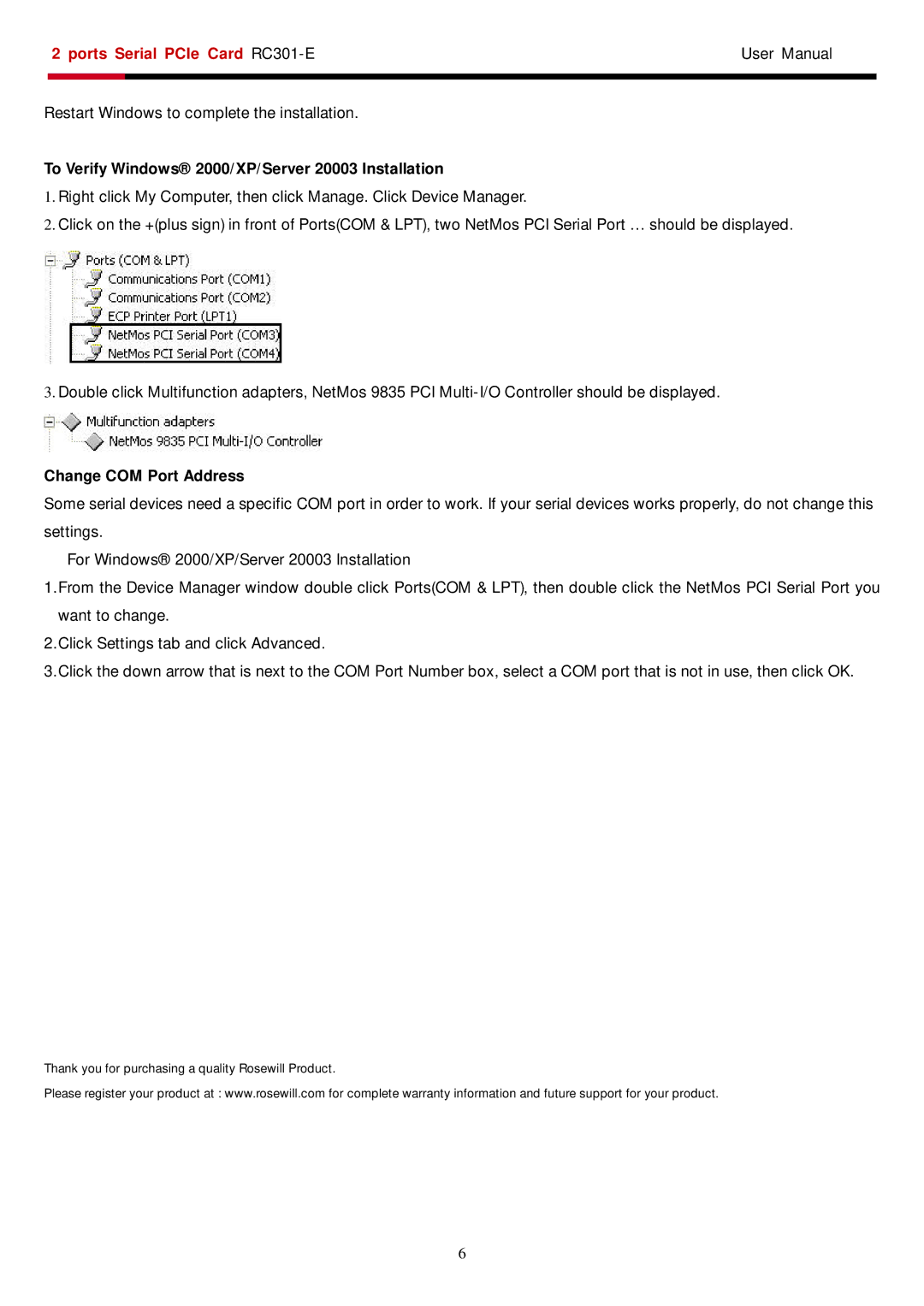 Rosewill RC-301E user manual To Verify Windows 2000/XP/Server 20003 Installation, Change COM Port Address 