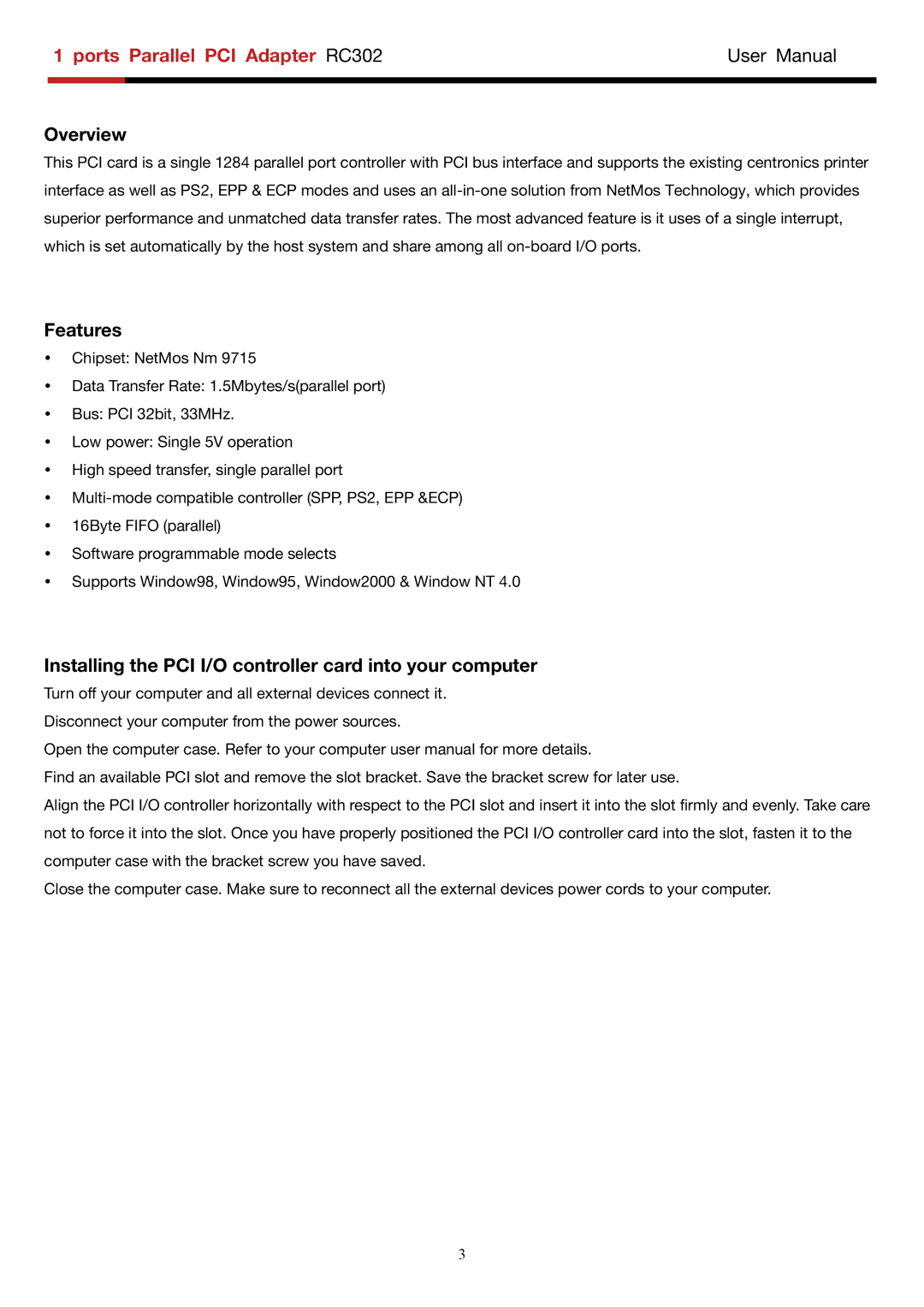 Rosewill RC-302 user manual Overview, Features, Installing the PCI I/O controller card into your computer 