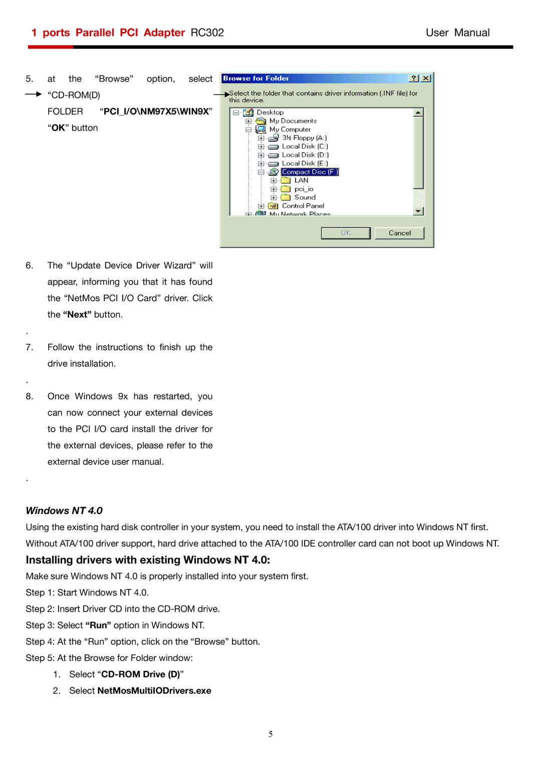 Rosewill RC-302 user manual Installing drivers with existing Windows NT 