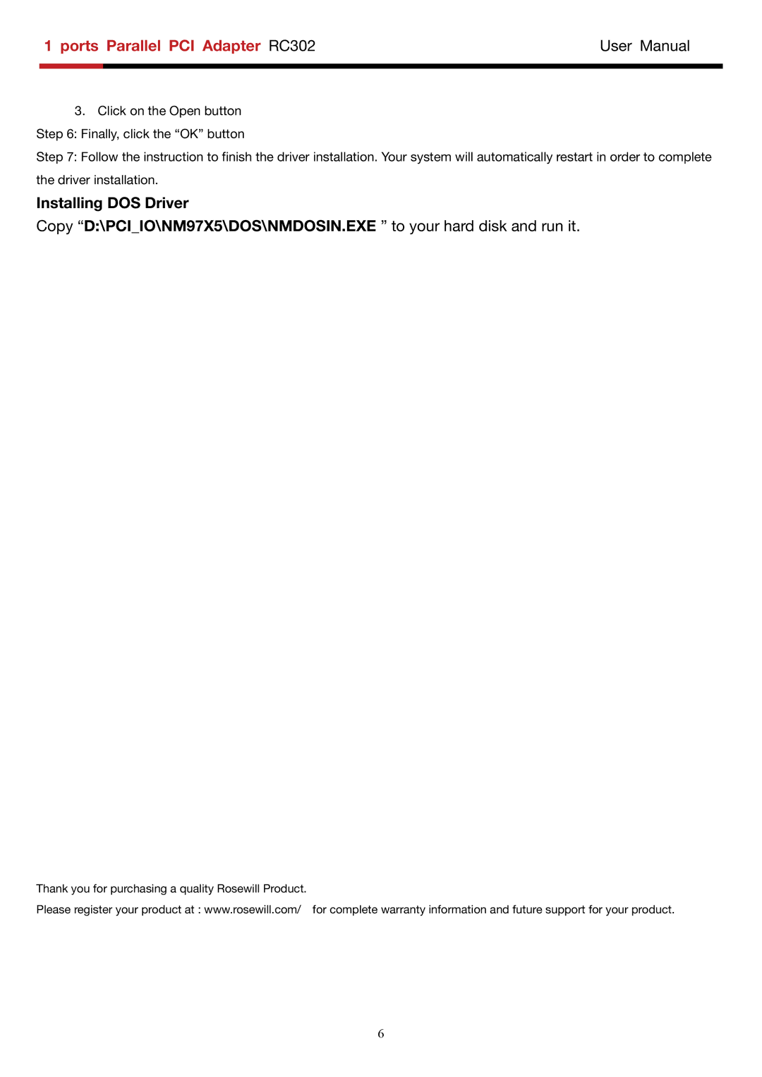 Rosewill RC-302 user manual Installing DOS Driver 