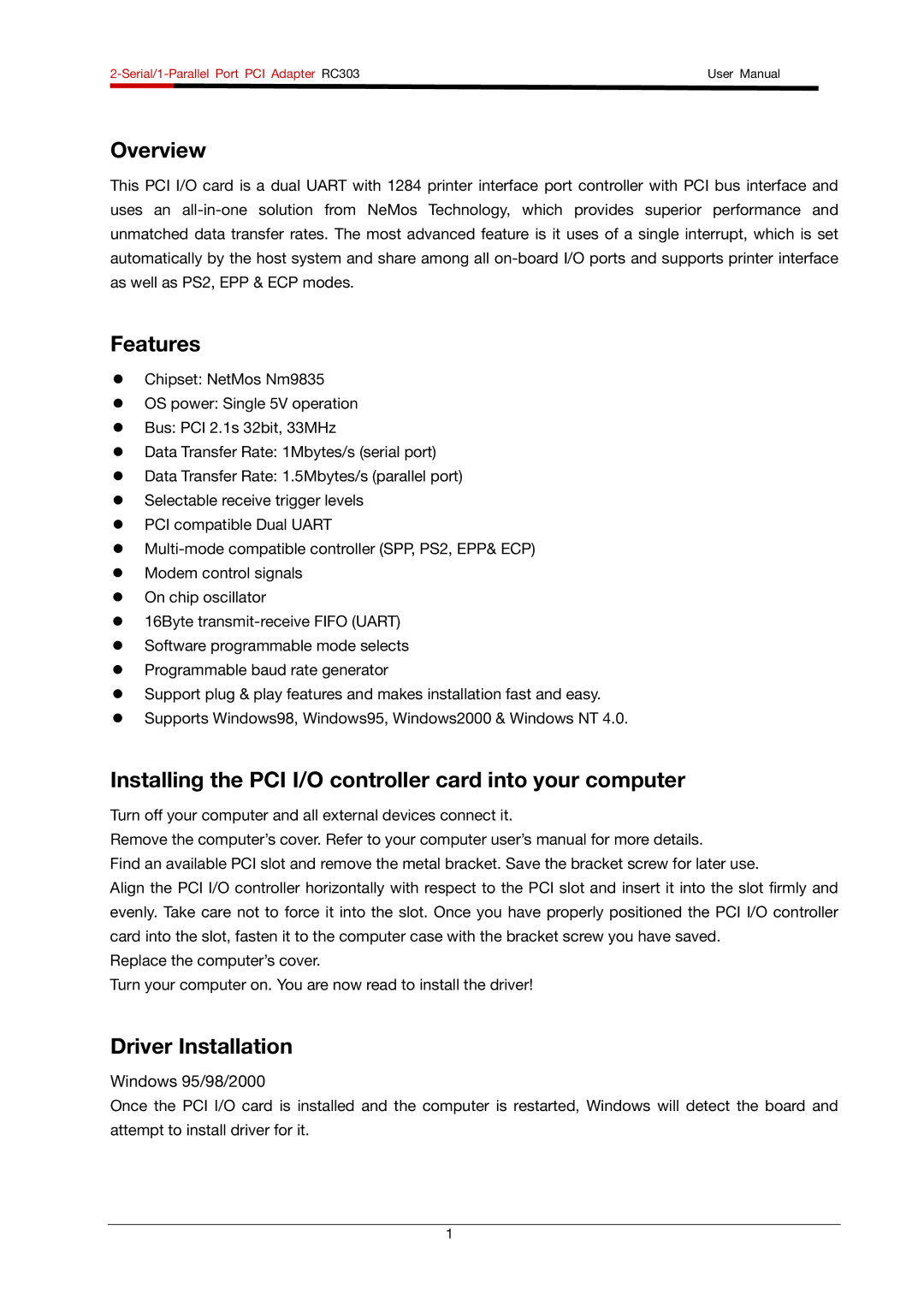 Rosewill RC-303 user manual Overview, Windows 95/98/2000 