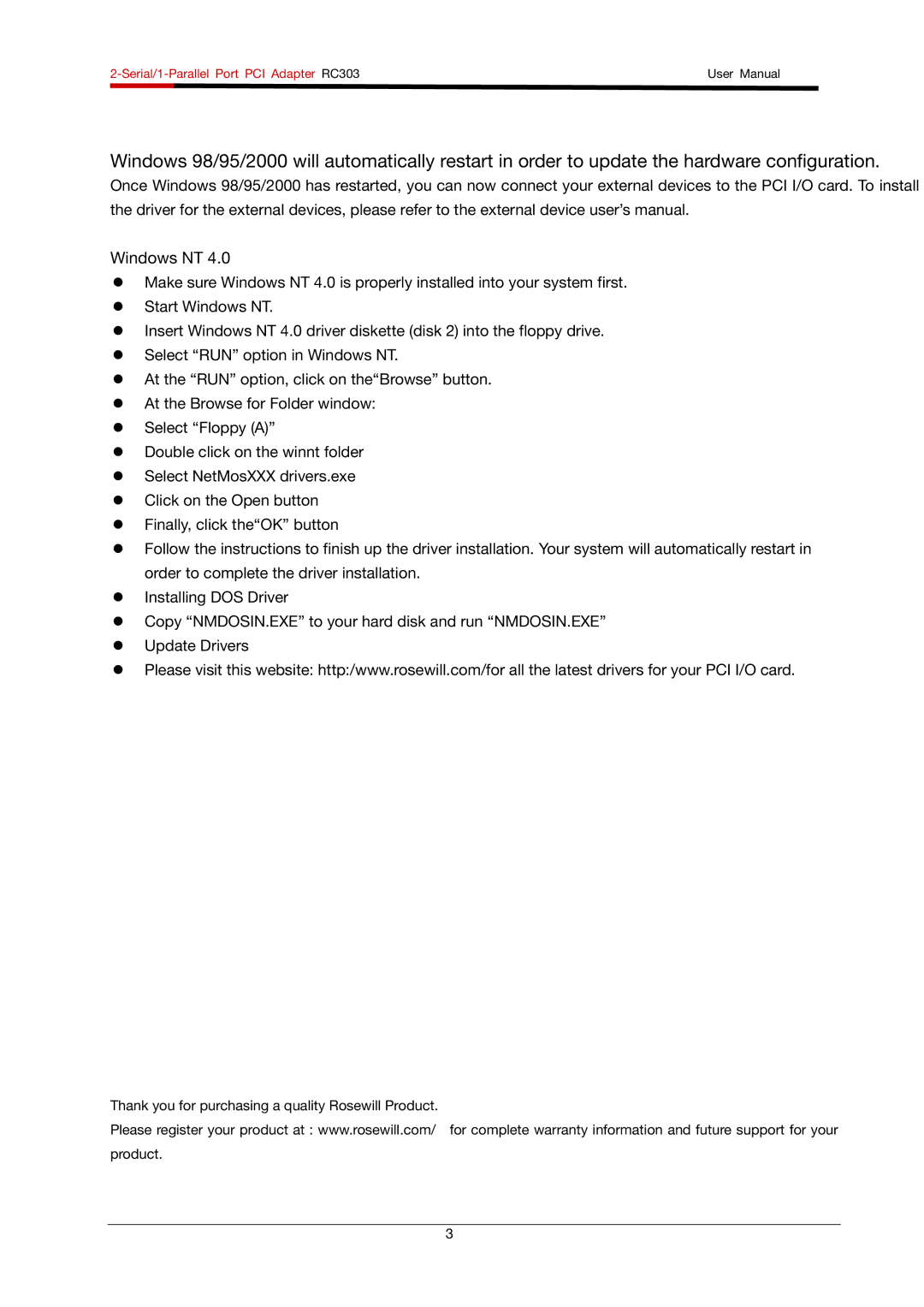 Rosewill RC-303 user manual Windows NT 