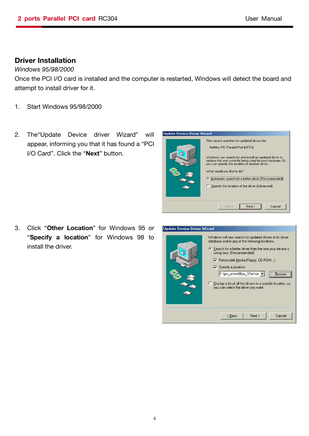 Rosewill RC-304 user manual Driver Installation, Windows 95/98/2000 