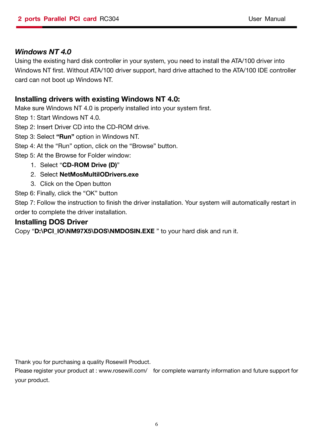 Rosewill RC-304 user manual Installing drivers with existing Windows NT, Installing DOS Driver 