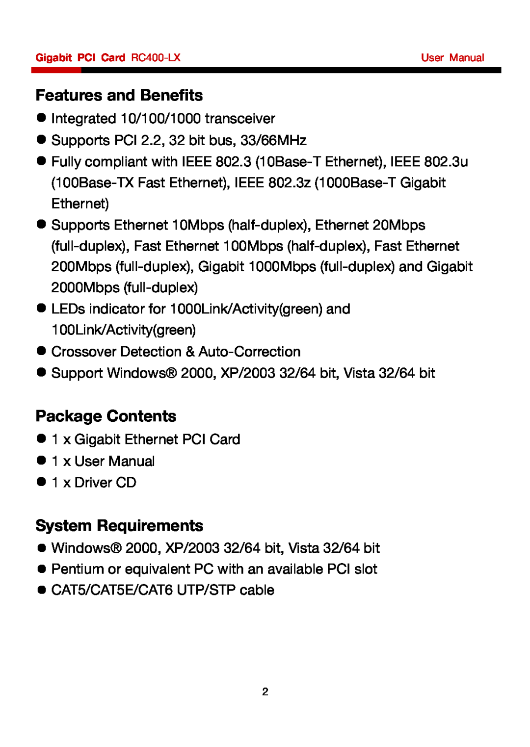 Rosewill RC-400 user manual Features and Benefits, Package Contents, System Requirements 