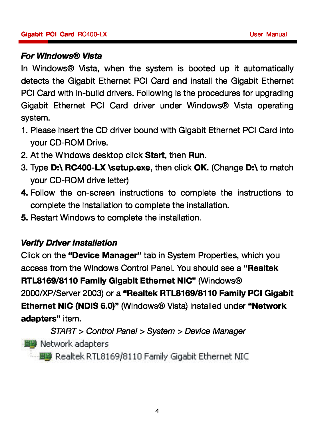 Rosewill RC-400 user manual For Windows Vista, Verify Driver Installation, START Control Panel System Device Manager 