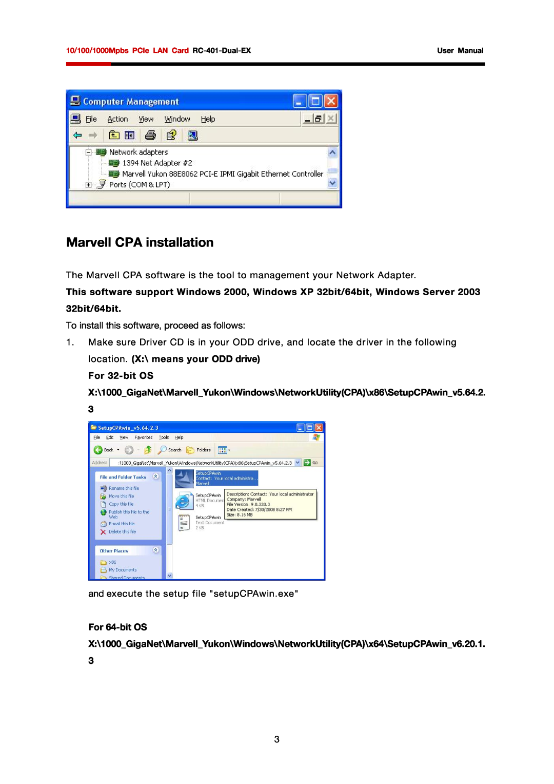 Rosewill RC-401-Dual-EX user manual Marvell CPA installation, For 32-bit OS, For 64-bit OS, 32bit/64bit 