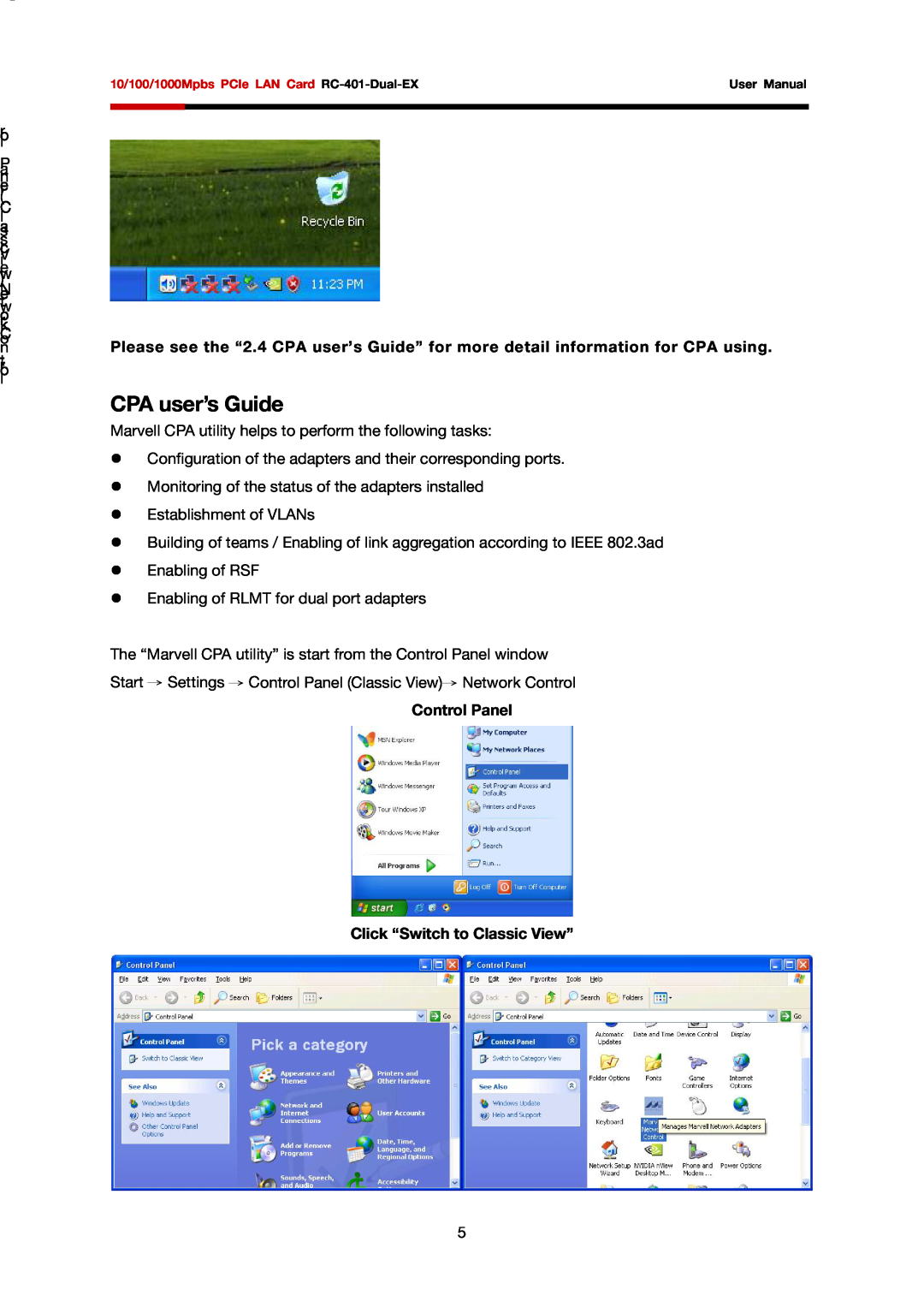 Rosewill RC-401-Dual-EX user manual CPA user’s Guide, r ol P a n el, Control Panel Click “Switch to Classic View” 