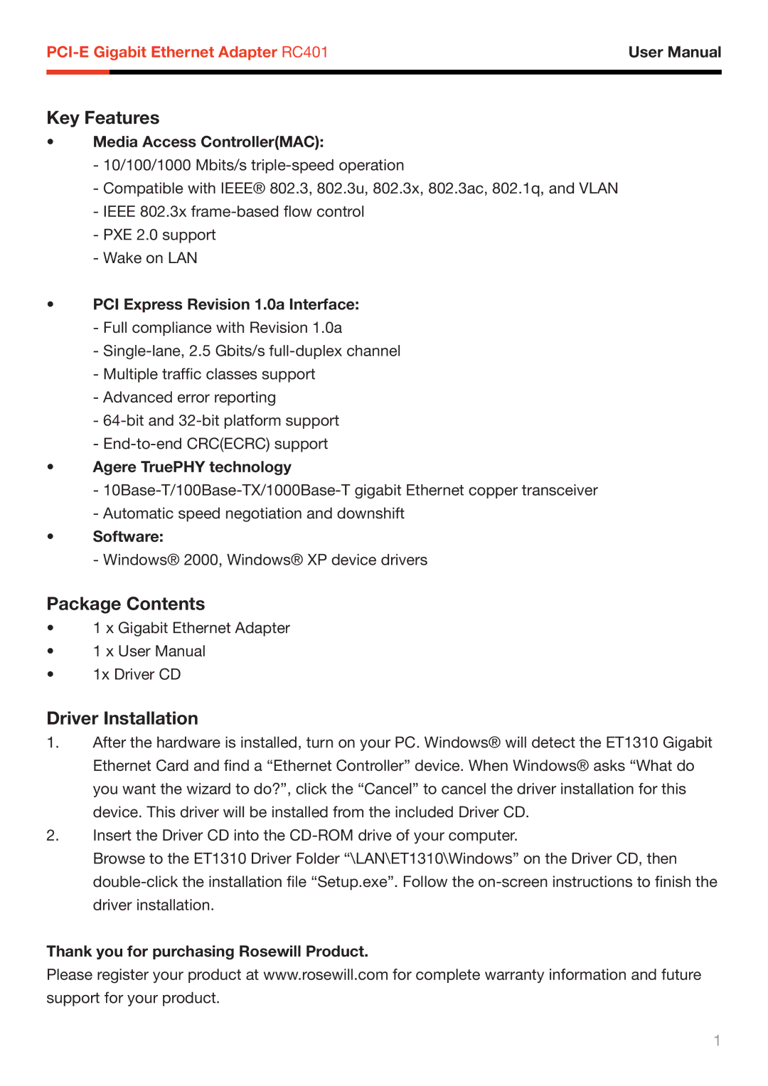 Rosewill RC-401 user manual Key Features, Package Contents, Driver Installation 