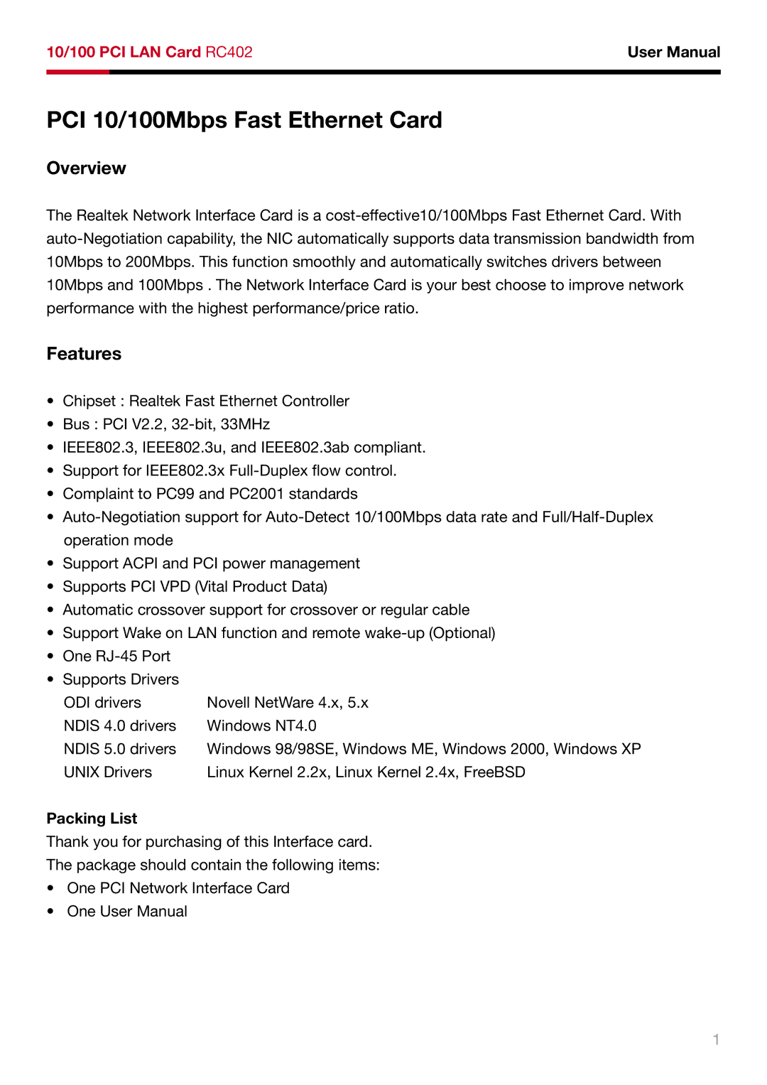 Rosewill RC-402 user manual PCI 10/100Mbps Fast Ethernet Card, Overview, Features, Packing List 