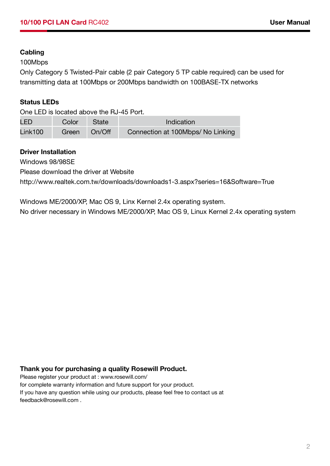 Rosewill RC-402 user manual Cabling, Status LEDs, Driver Installation, Thank you for purchasing a quality Rosewill Product 