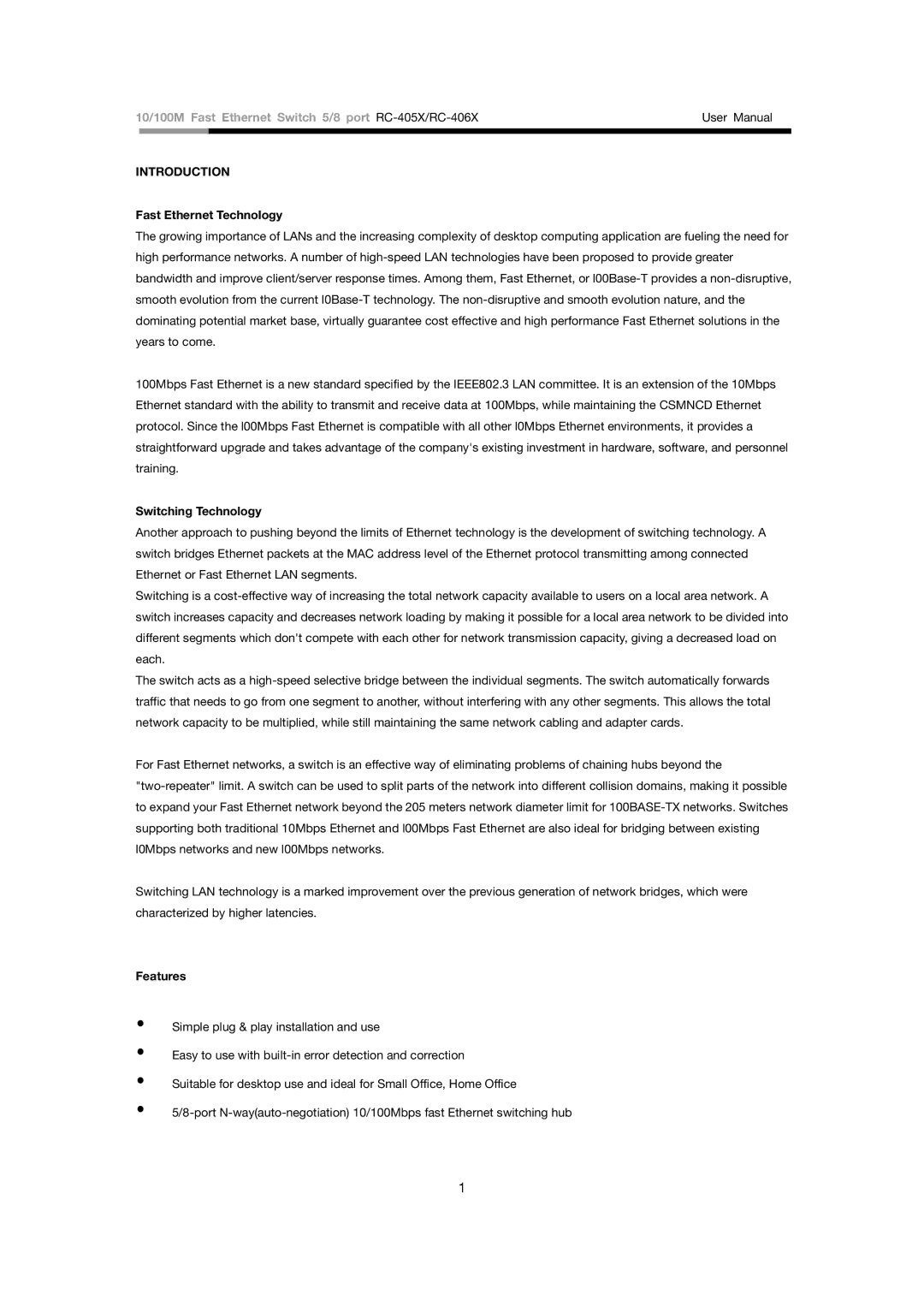 Rosewill RC-405X user manual Fast Ethernet Technology, Switching Technology, Features 