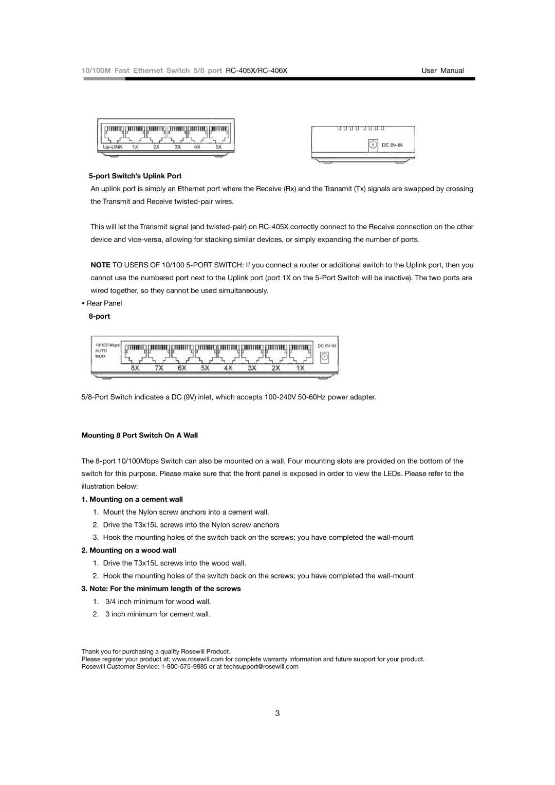 Rosewill RC-405X user manual Port Switch’s Uplink Port, Mounting 8 Port Switch On a Wall, Mounting on a cement wall 