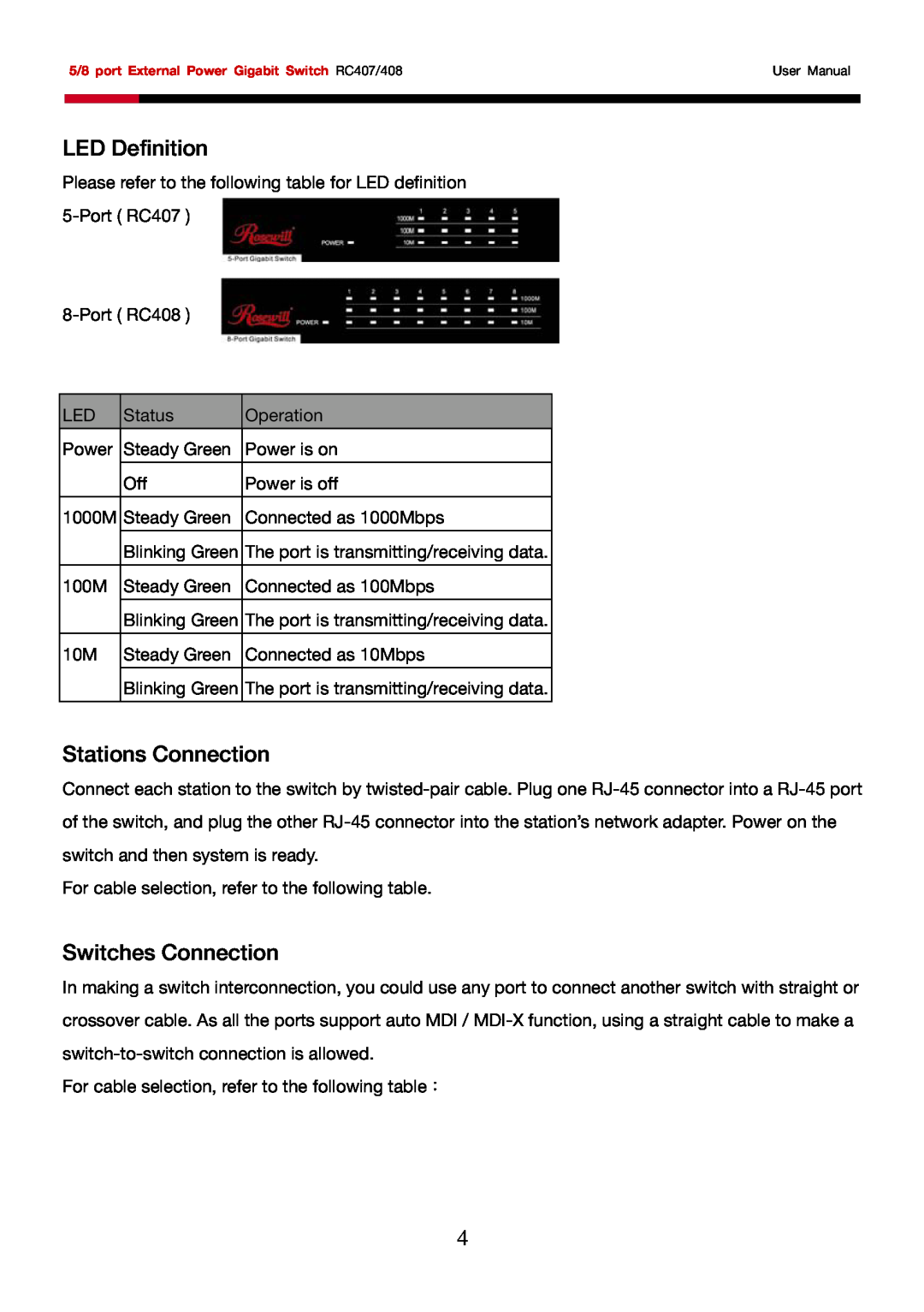 Rosewill RC-408, RC-407 user manual LED Definition, Stations Connection, Switches Connection 