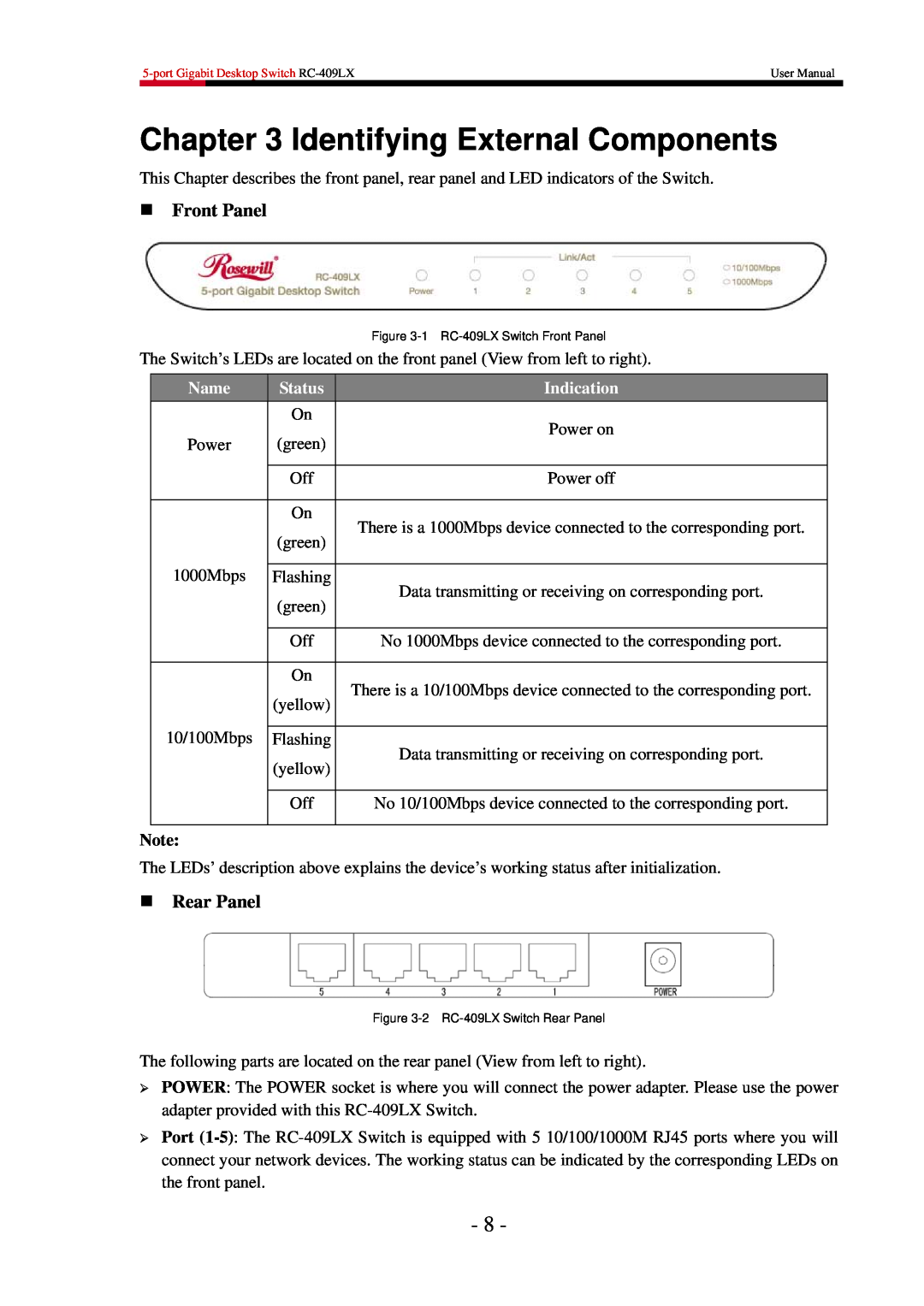 Rosewill RC-409LX user manual Identifying External Components,  Front Panel,  Rear Panel, Name, Status, Indication 
