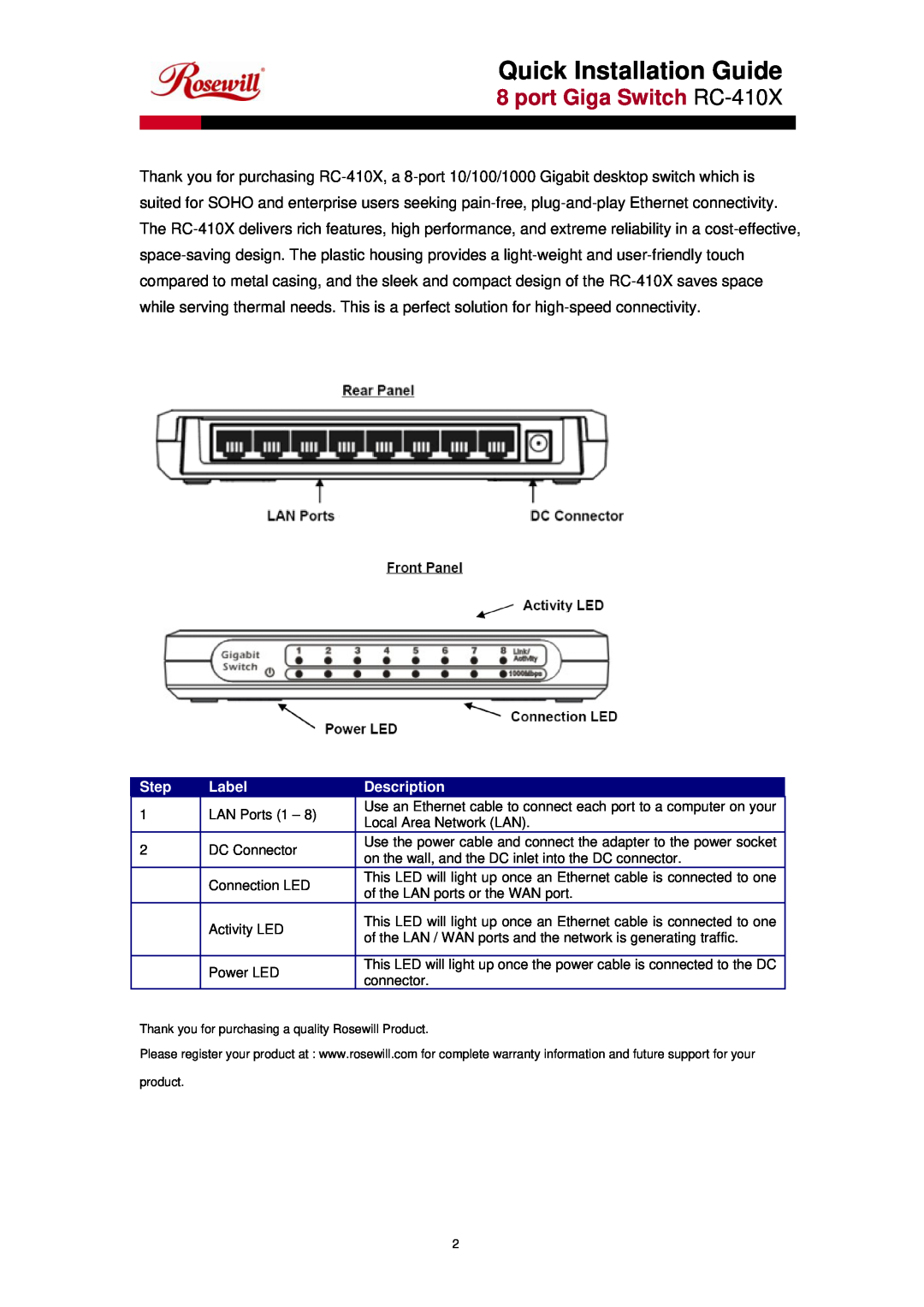 Rosewill manual Quick Installation Guide, port Giga Switch RC-410X, Step, Label, Description 