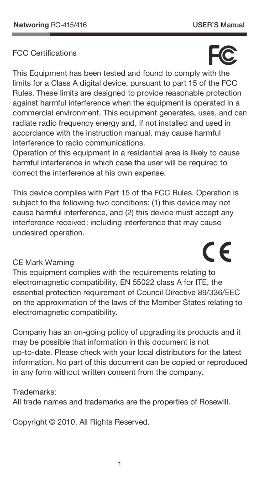 Rosewill user manual Networing RC-415/416 