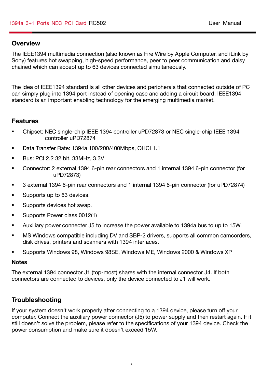 Rosewill RC-502 user manual Overview, Features, Troubleshooting 