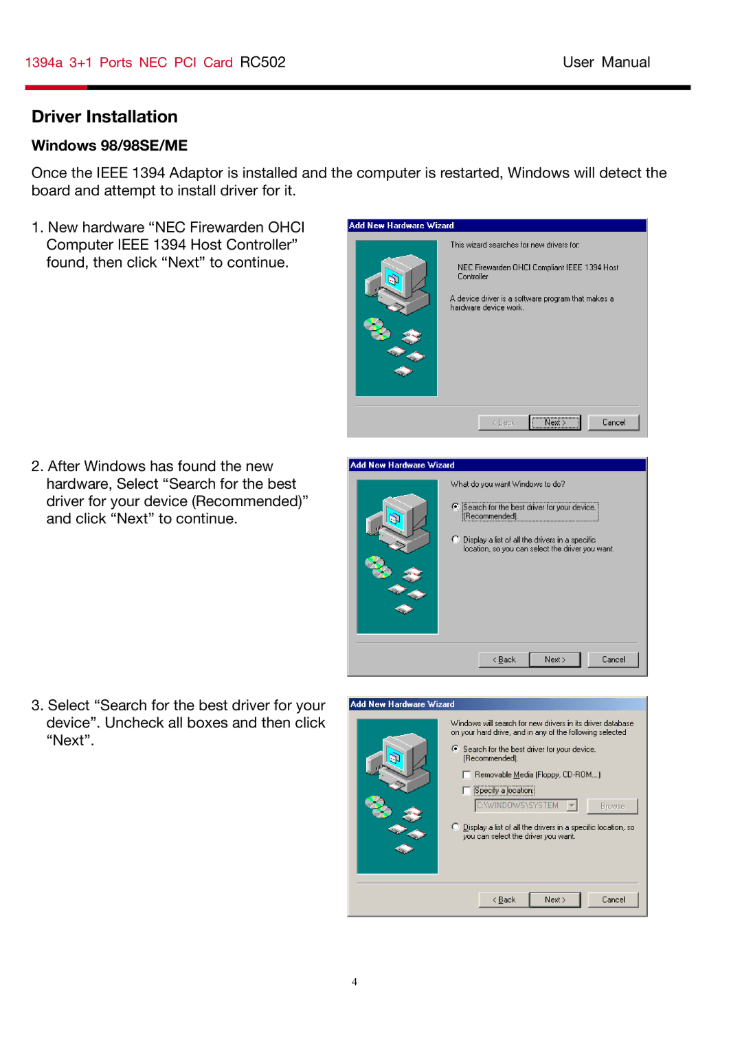 Rosewill RC-502 user manual Driver Installation, Windows 98/98SE/ME 