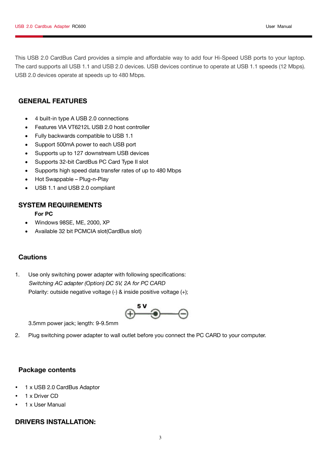 Rosewill RC-600 user manual General Features, For PC 