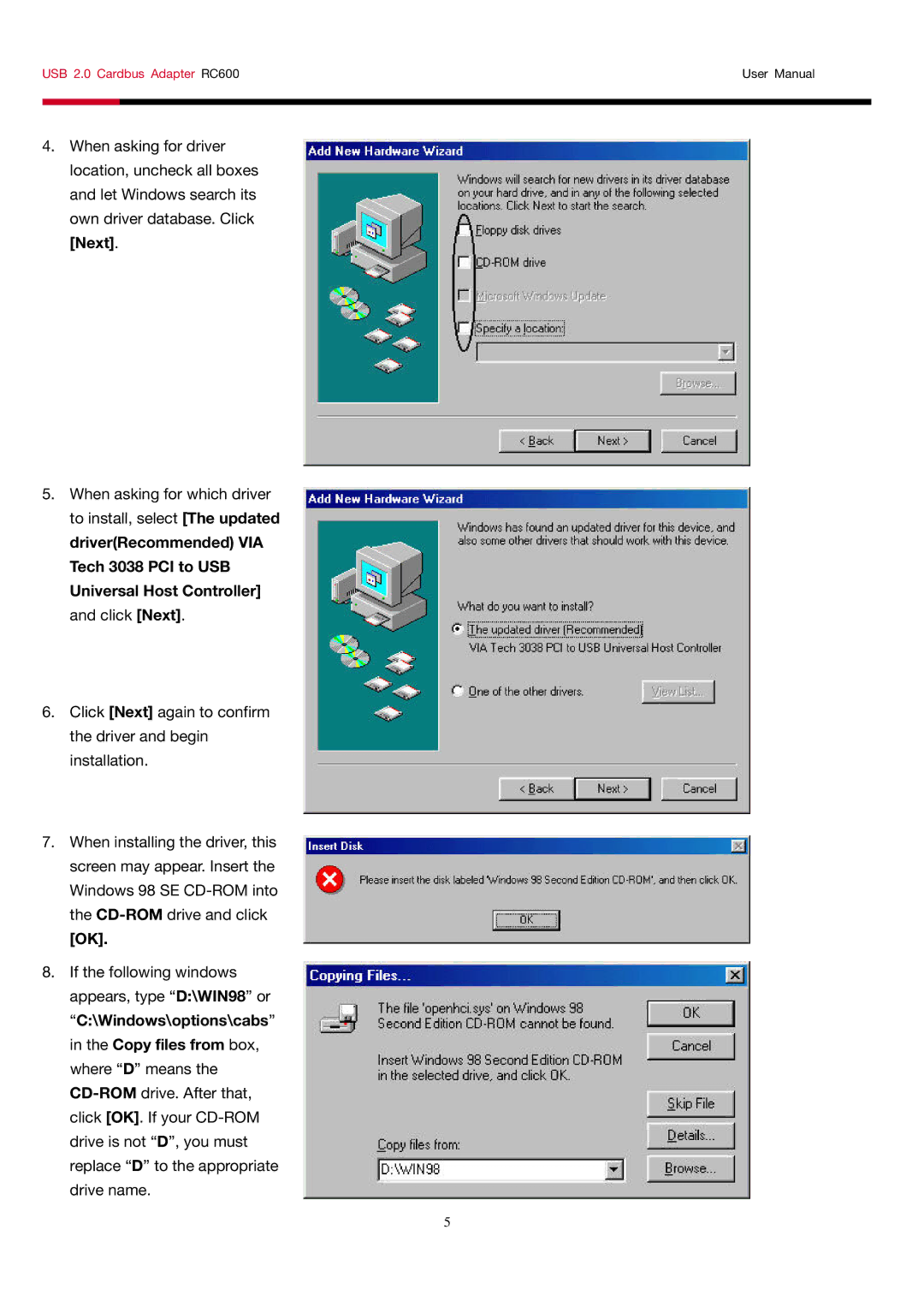 Rosewill RC-600 user manual USB 2.0 Cardbus Adapter RC600 