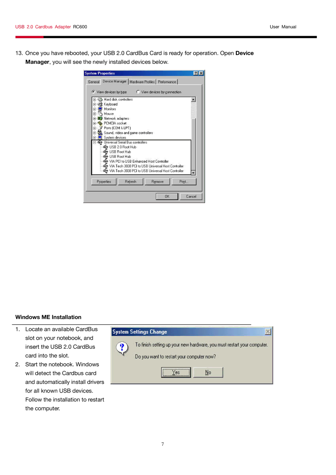 Rosewill RC-600 user manual Windows ME Installation 