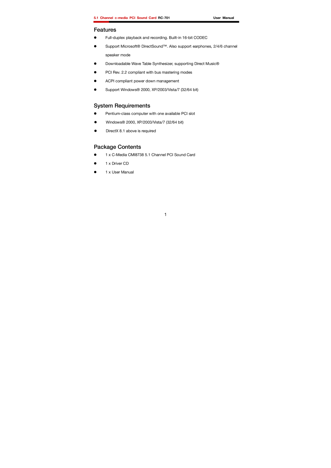 Rosewill RC-701 user manual Features, System Requirements, Package Contents 