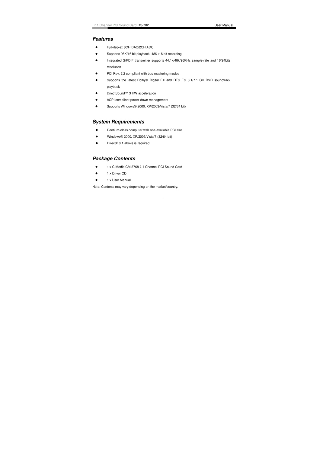 Rosewill RC-702 user manual Features, System Requirements, Package Contents 