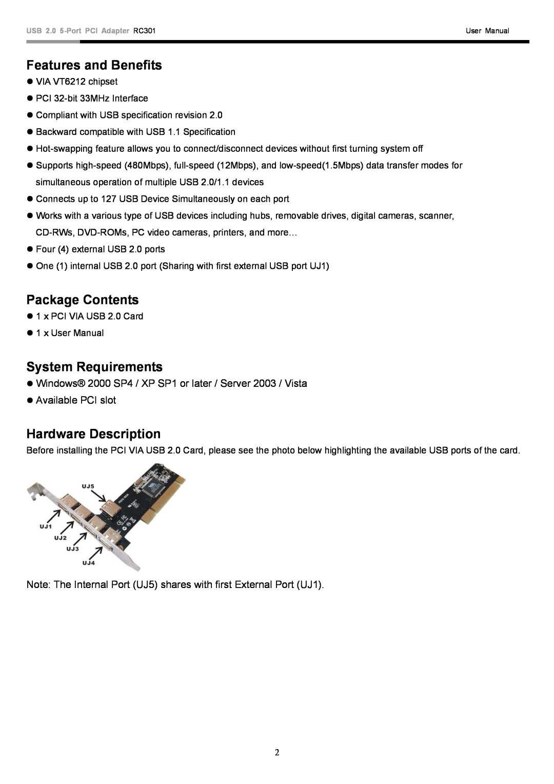 Rosewill RC103 Features and Benefits, Package Contents, System Requirements, Hardware Description, z Available PCI slot 