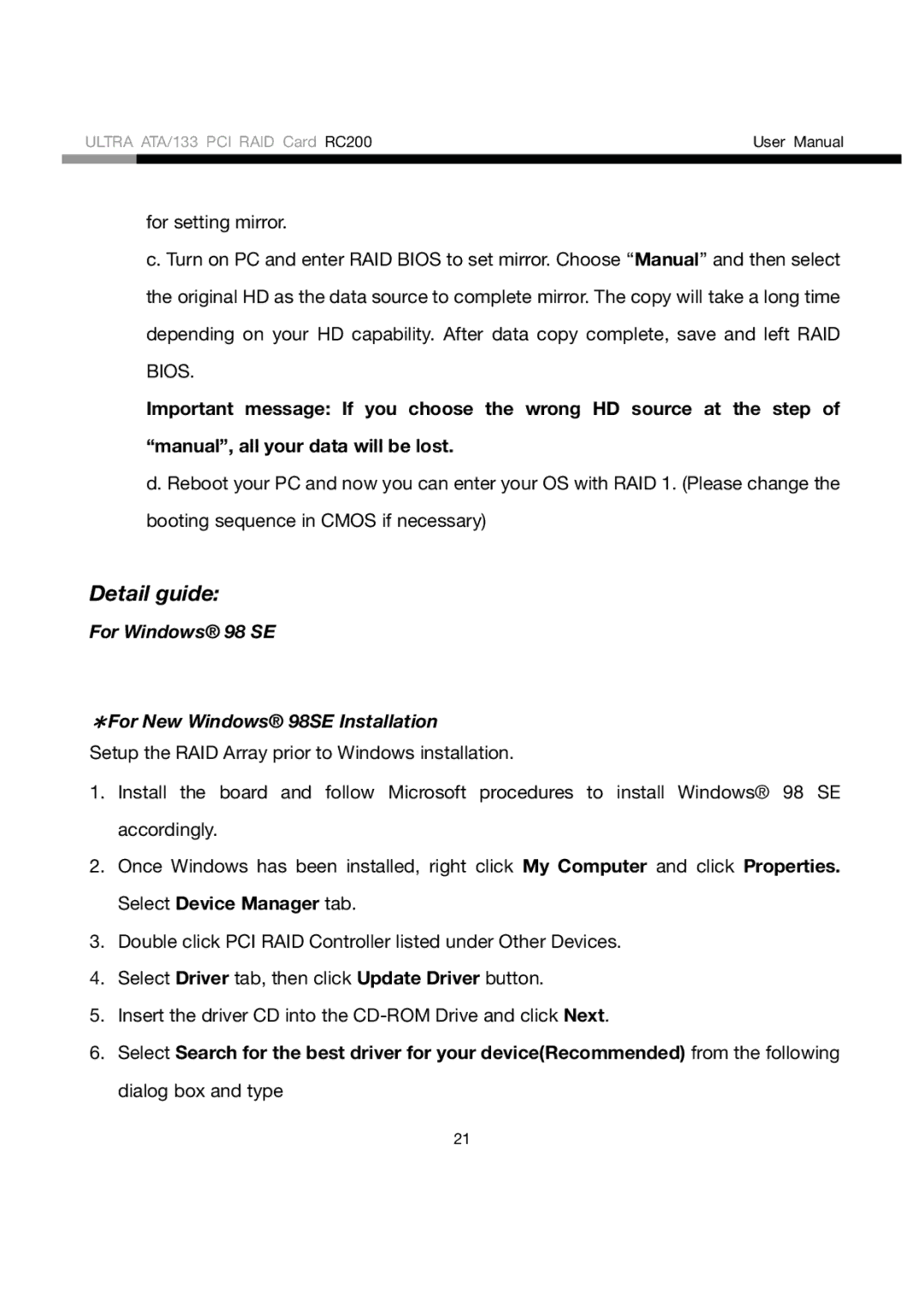 Rosewill RC200 user manual Detail guide, For Windows 98 SE ＊For New Windows 98SE Installation 