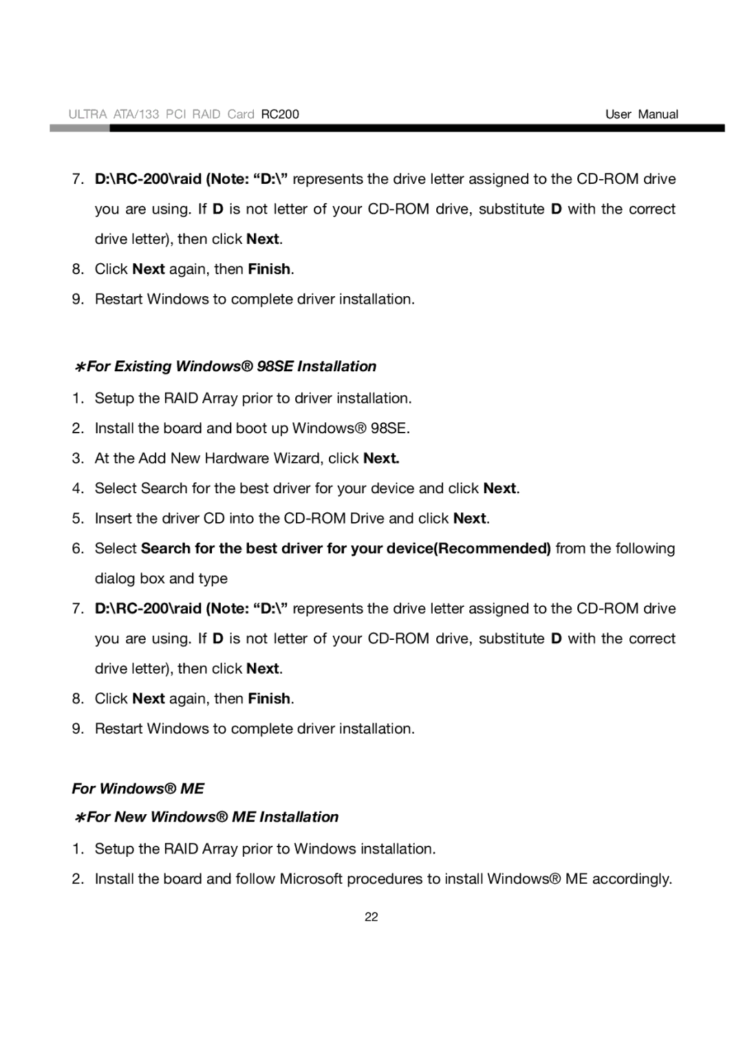 Rosewill RC200 user manual ＊For Existing Windows 98SE Installation, For Windows ME ＊For New Windows ME Installation 