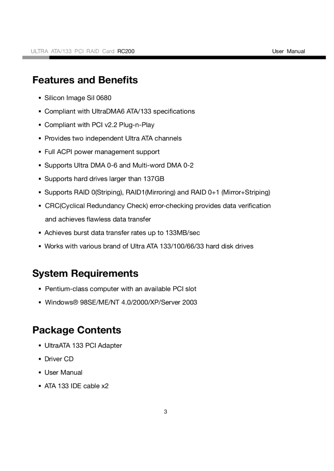 Rosewill RC200 user manual Features and Benefits, System Requirements, Package Contents 