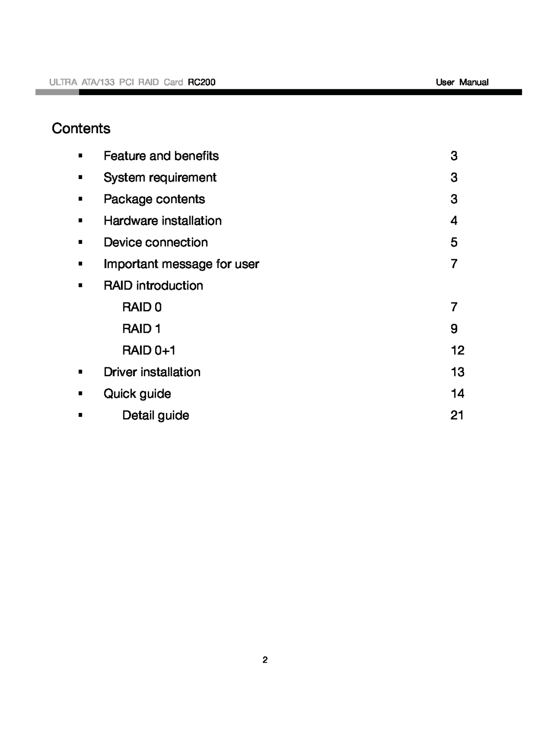 Rosewill user manual Contents, ULTRA ATA/133 PCI RAID Card RC200 