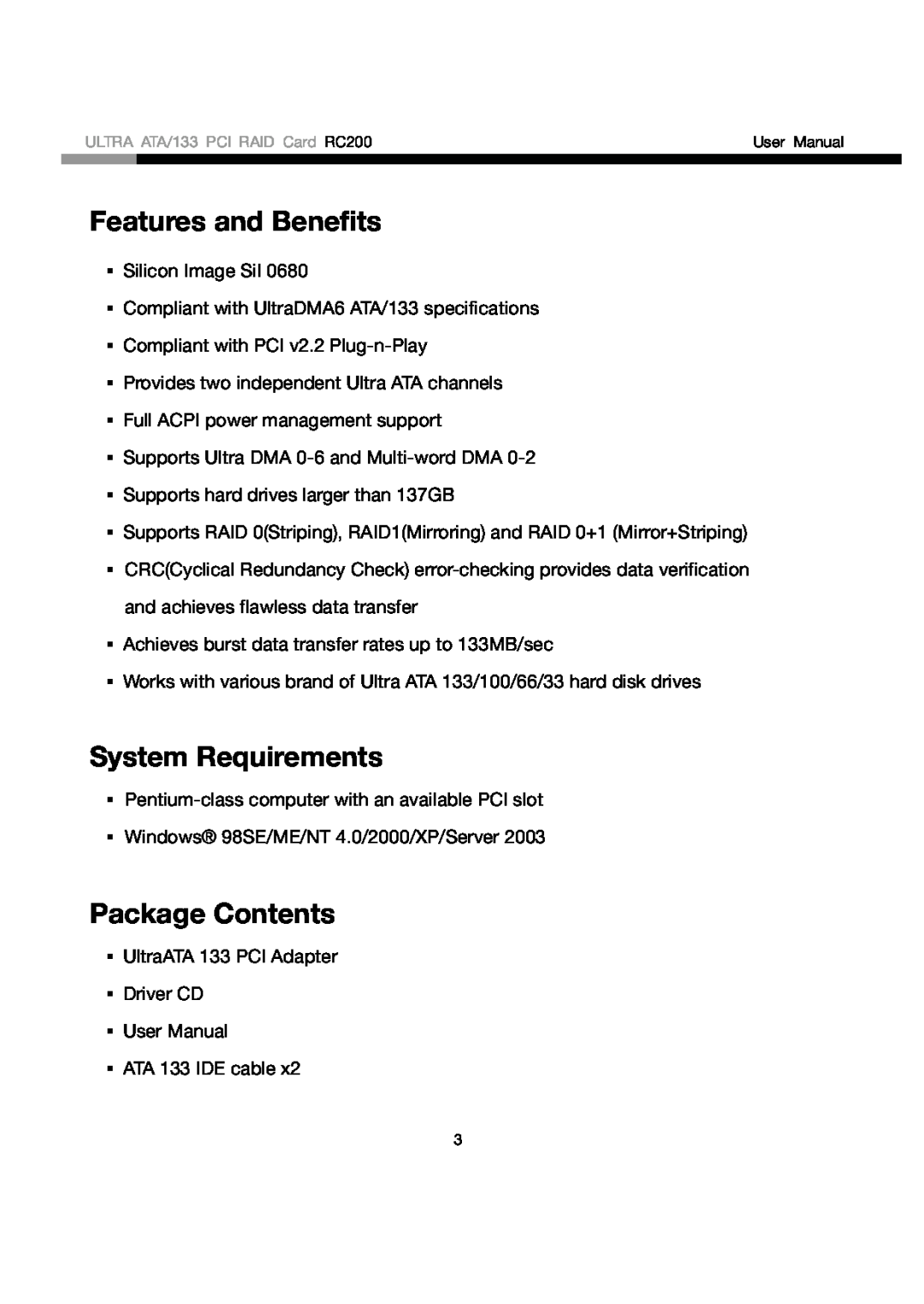 Rosewill RC200 user manual Features and Benefits, System Requirements, Package Contents 