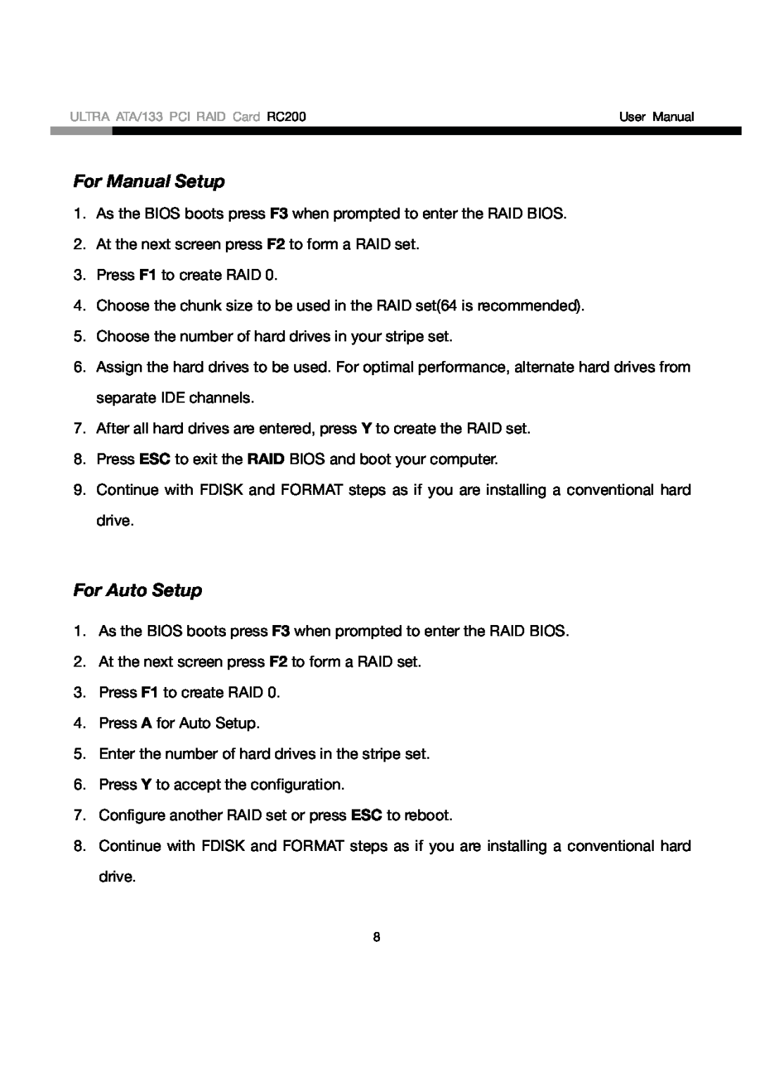 Rosewill RC200 user manual For Manual Setup, For Auto Setup 