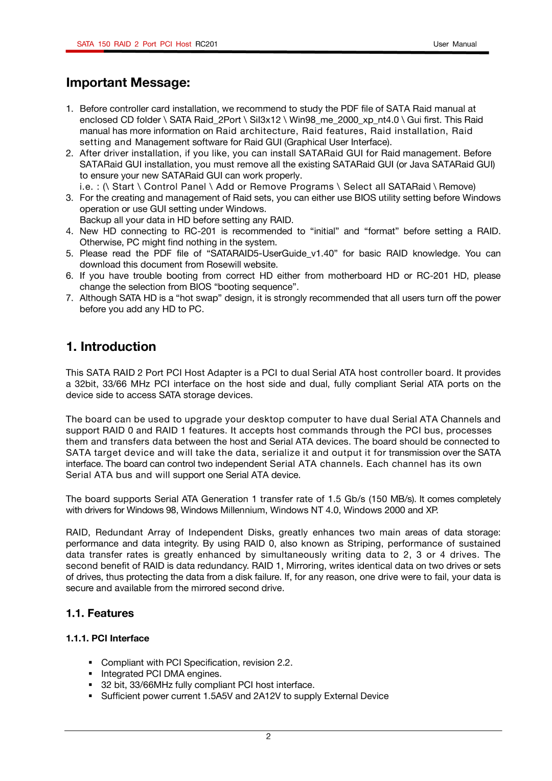 Rosewill RC201 user manual Important Message, Introduction, Features, PCI Interface 