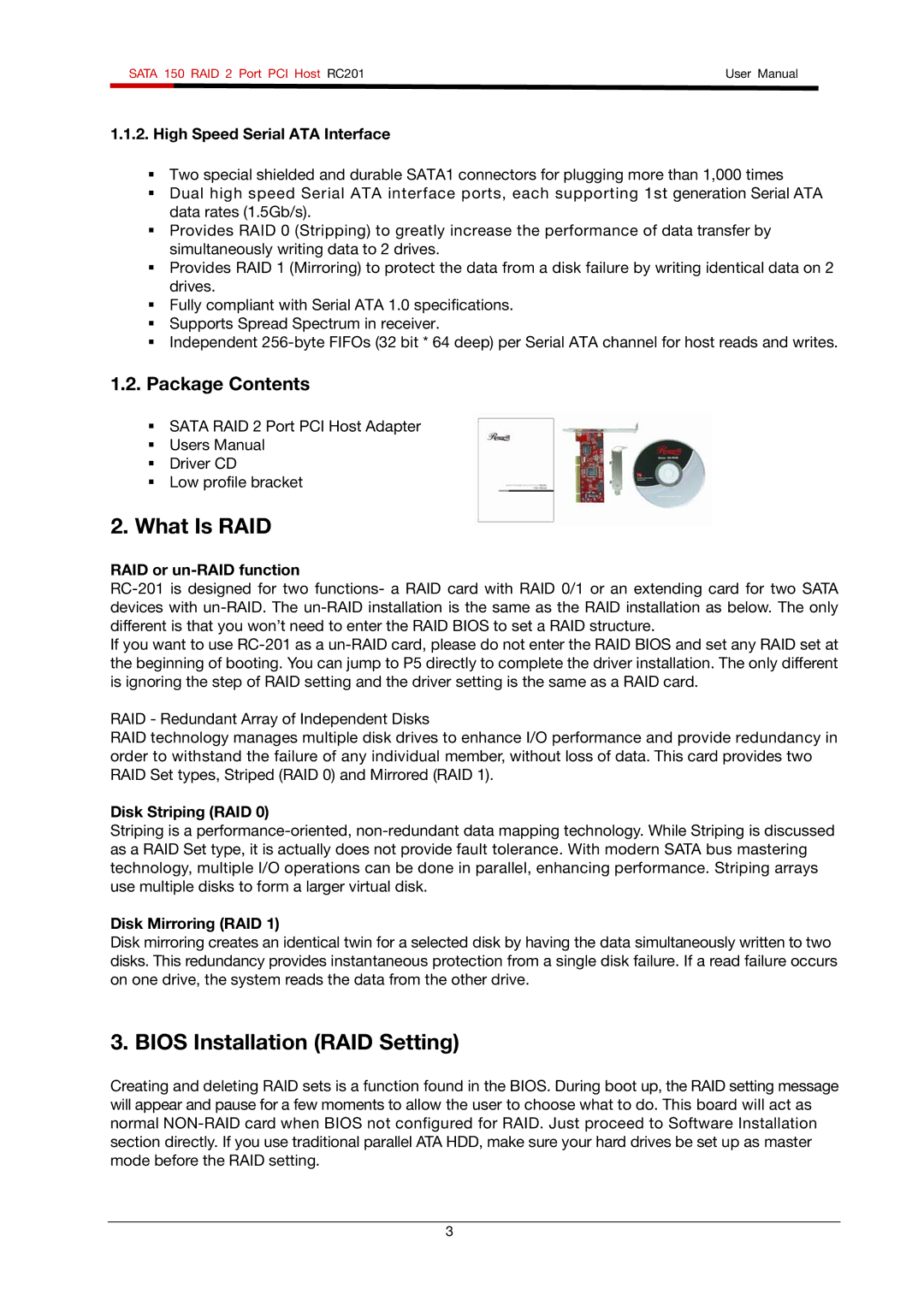 Rosewill RC201 user manual What Is RAID, Bios Installation RAID Setting, Package Contents 