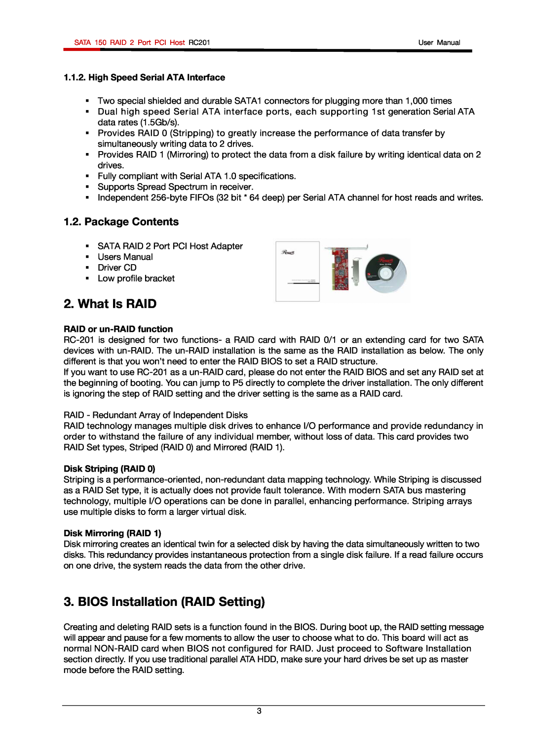Rosewill RC201 user manual What Is RAID, BIOS Installation RAID Setting, Package Contents 